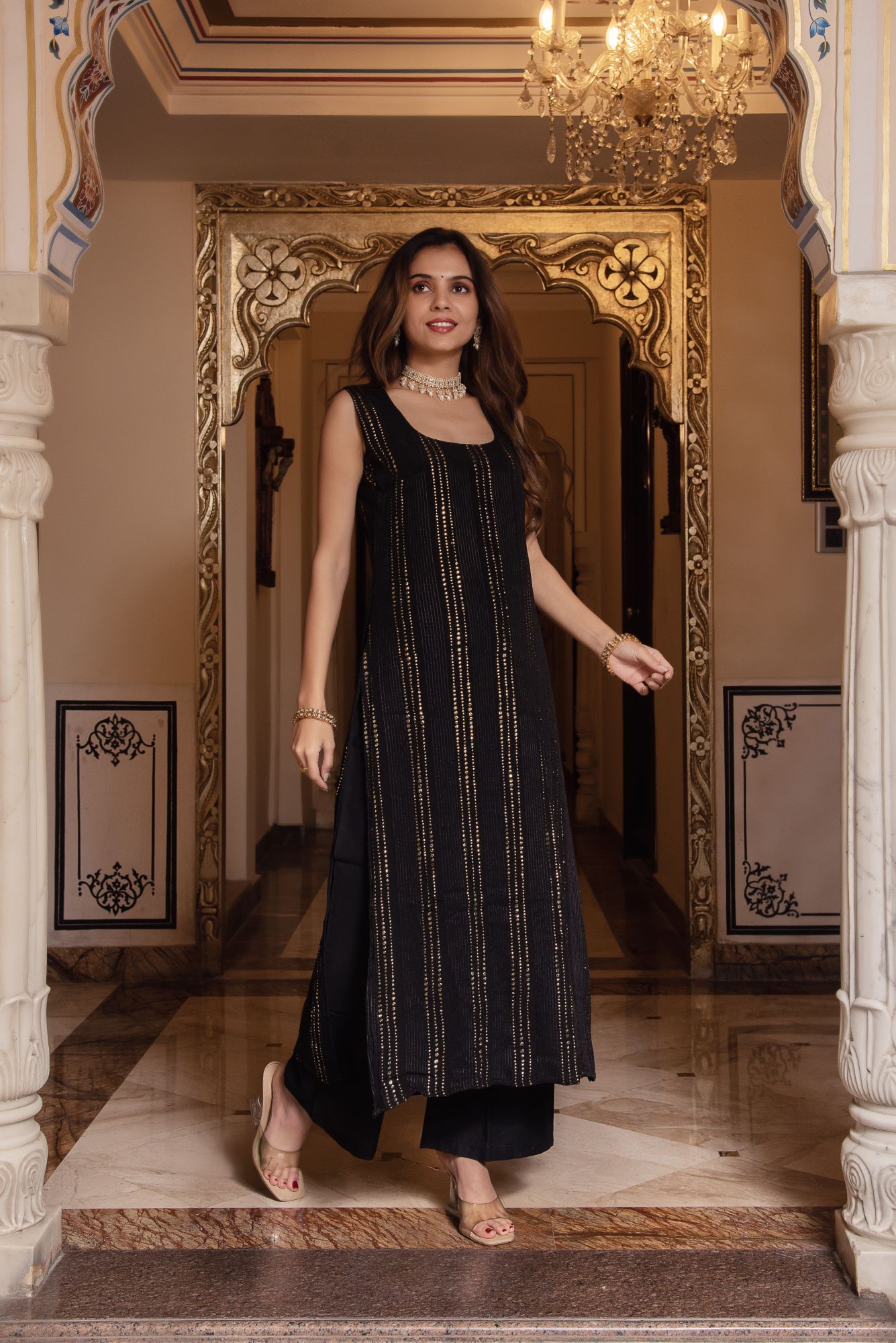 Black Golden Embroided Straight Suit Set