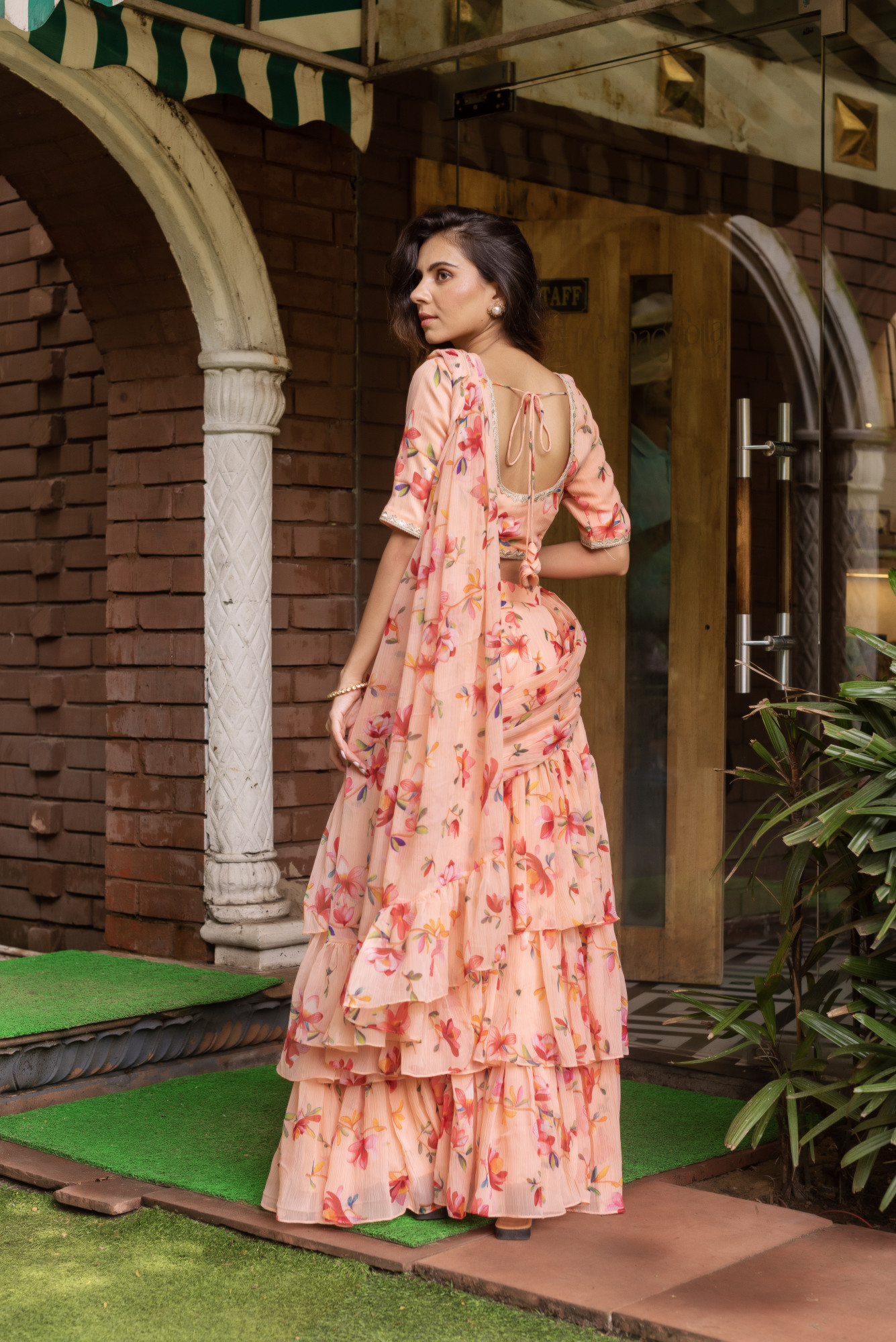 Peach Chiffon Printed Ready To Drape Saree