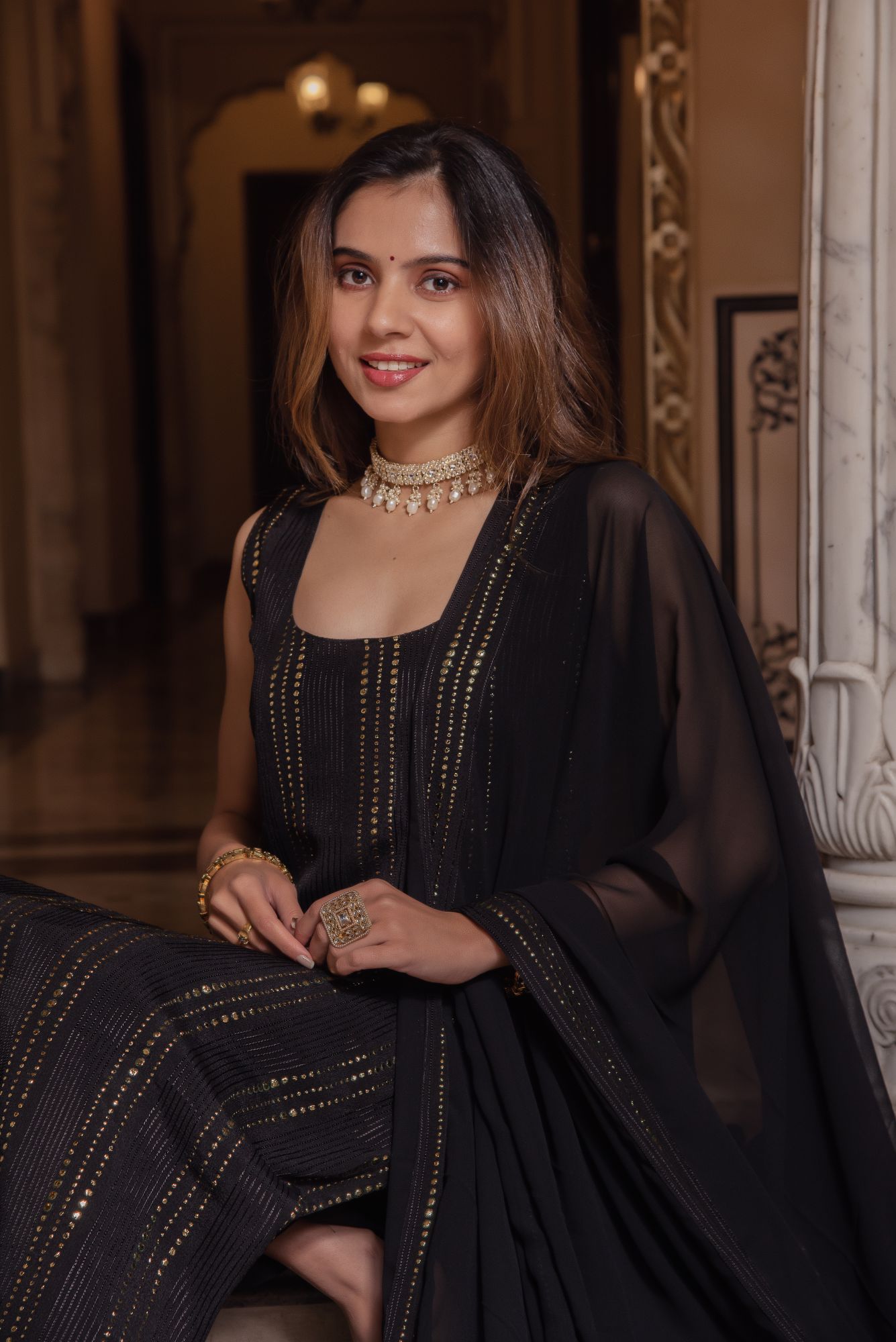Black Golden Embroided Straight Suit Set