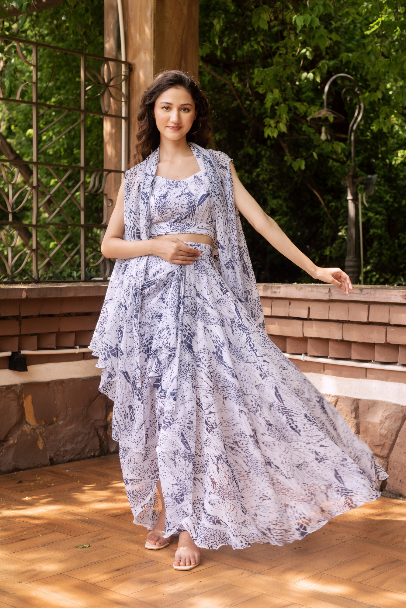White and Blue Draped Skirt With Blouse and Shrug