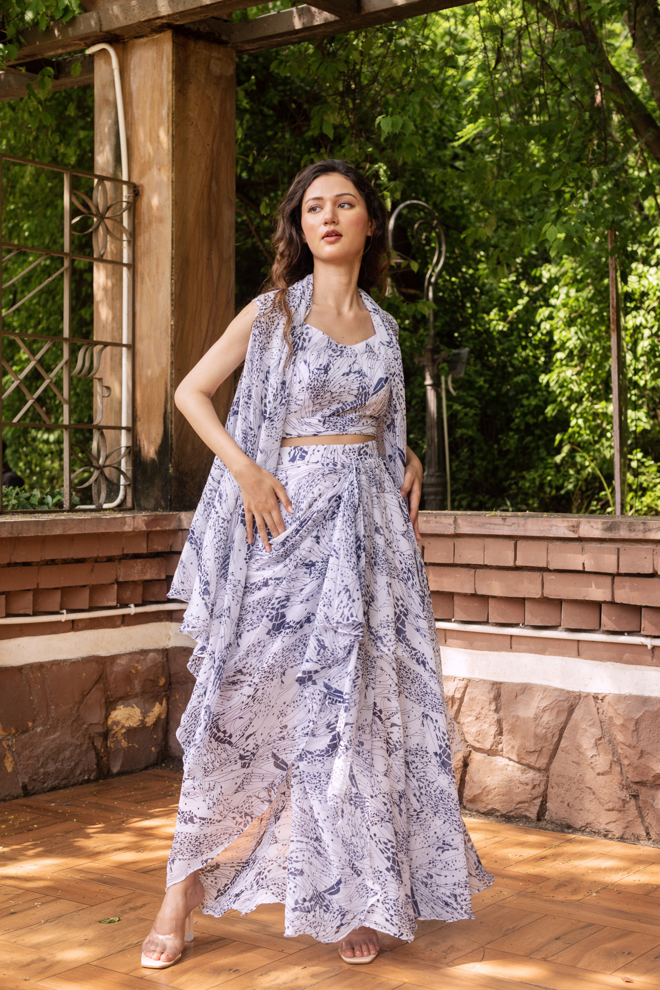 White and Blue Draped Skirt With Blouse and Shrug