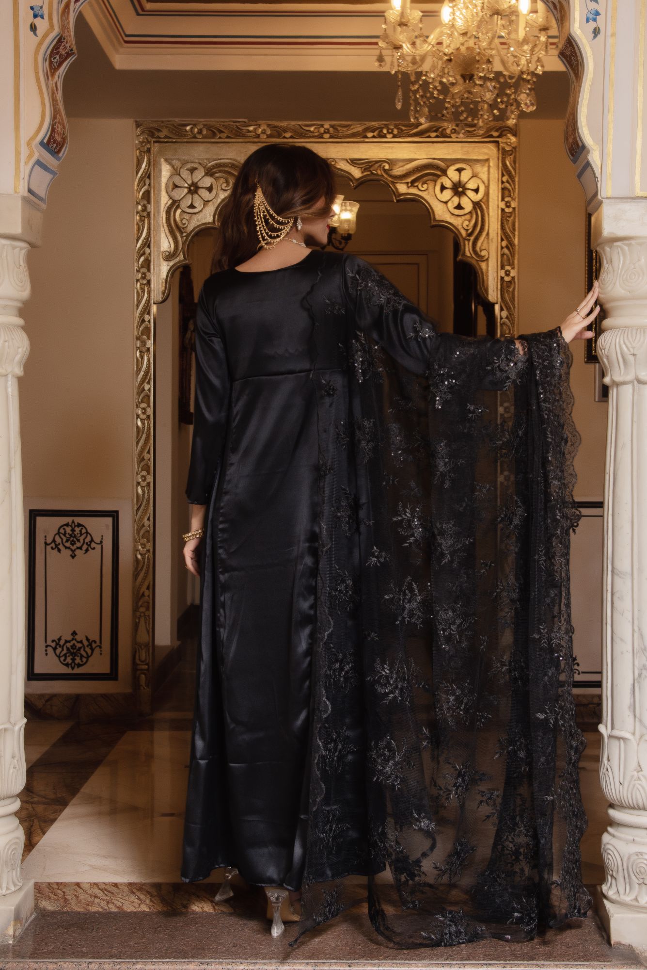 Swan Black Satin Embroided Suit Set