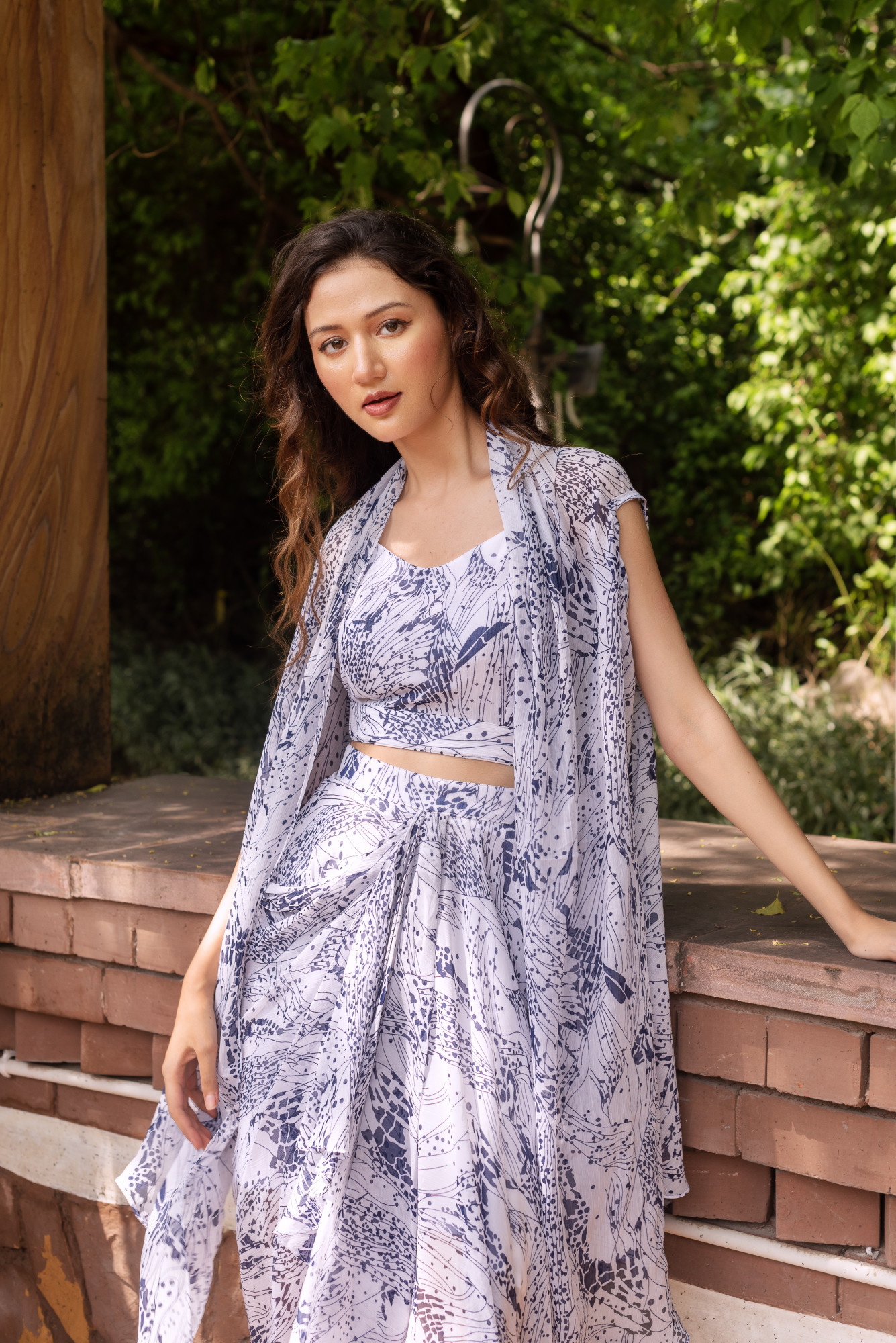 White and Blue Draped Skirt With Blouse and Shrug