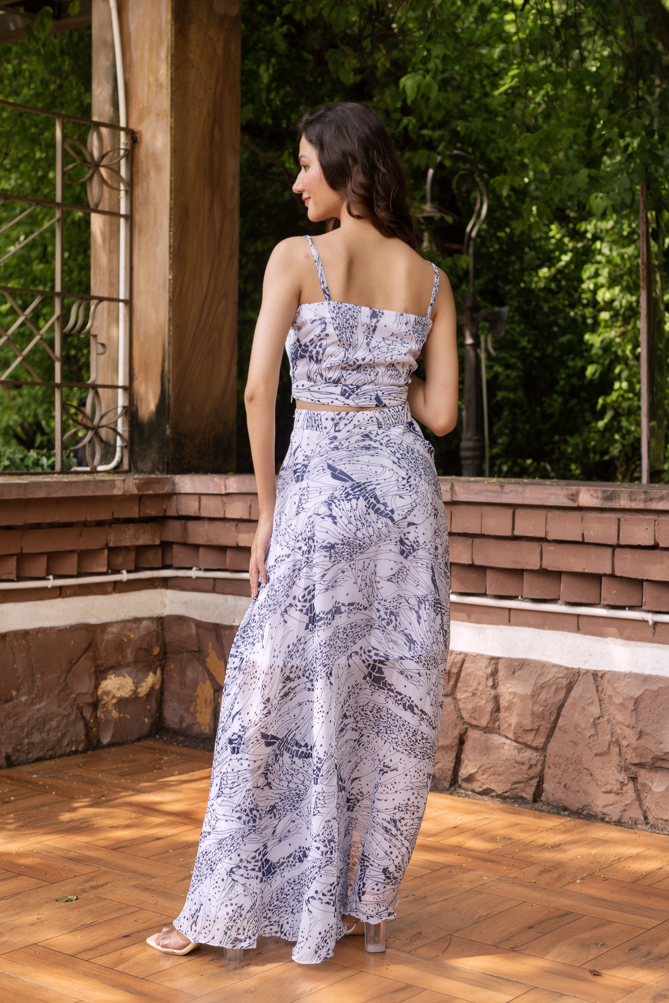 White and Blue Draped Skirt With Blouse and Shrug