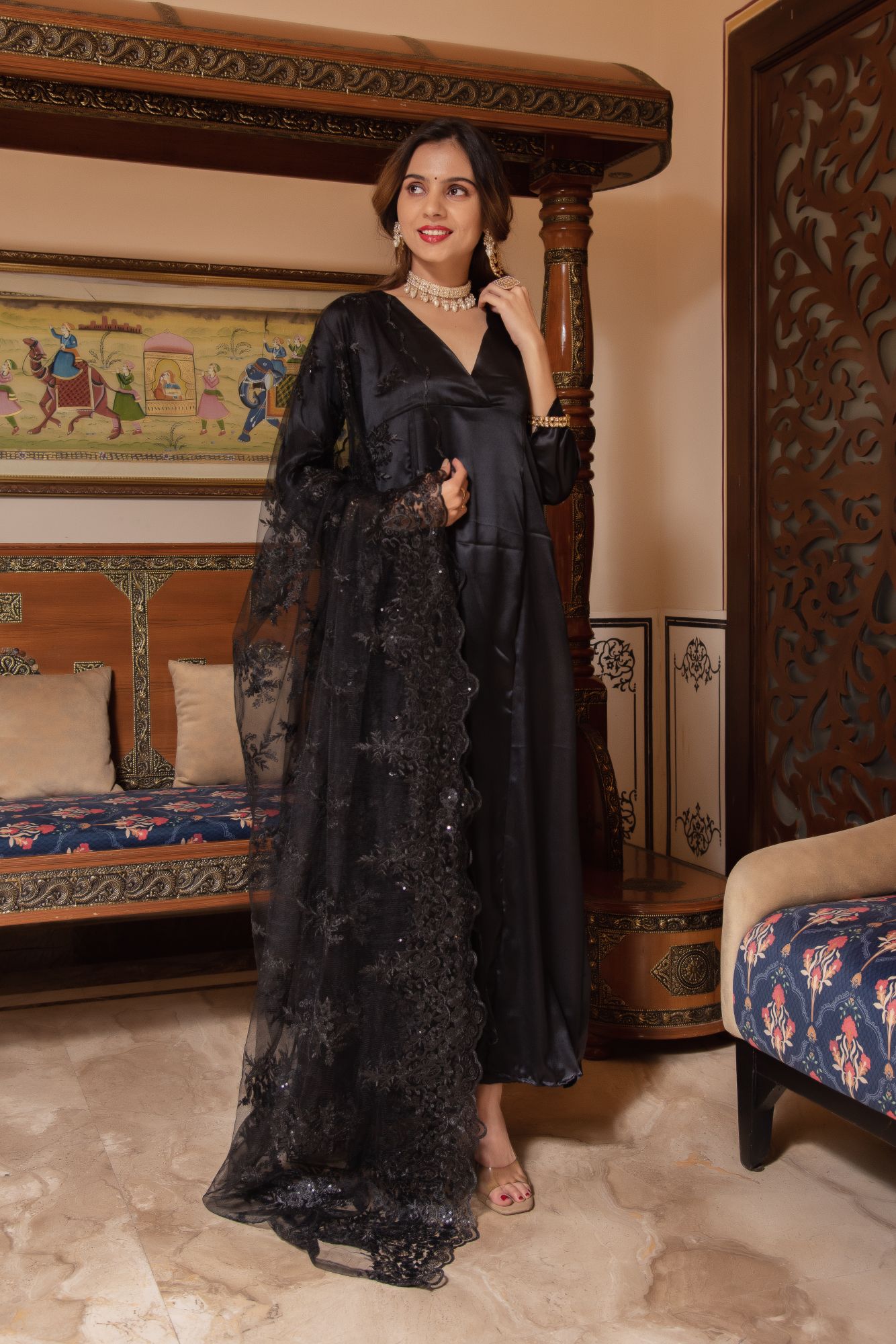Swan Black Satin Embroided Suit Set