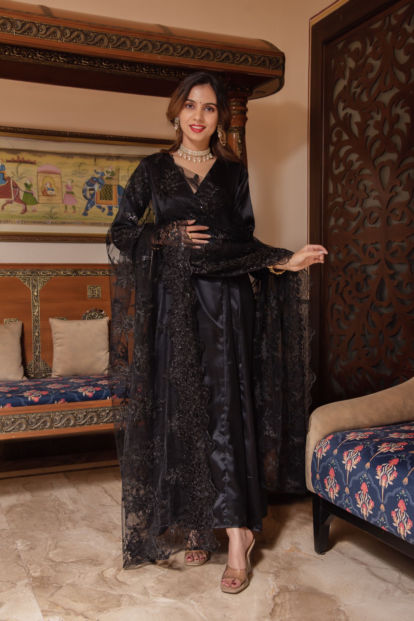 Swan Black Satin Embroided Suit Set