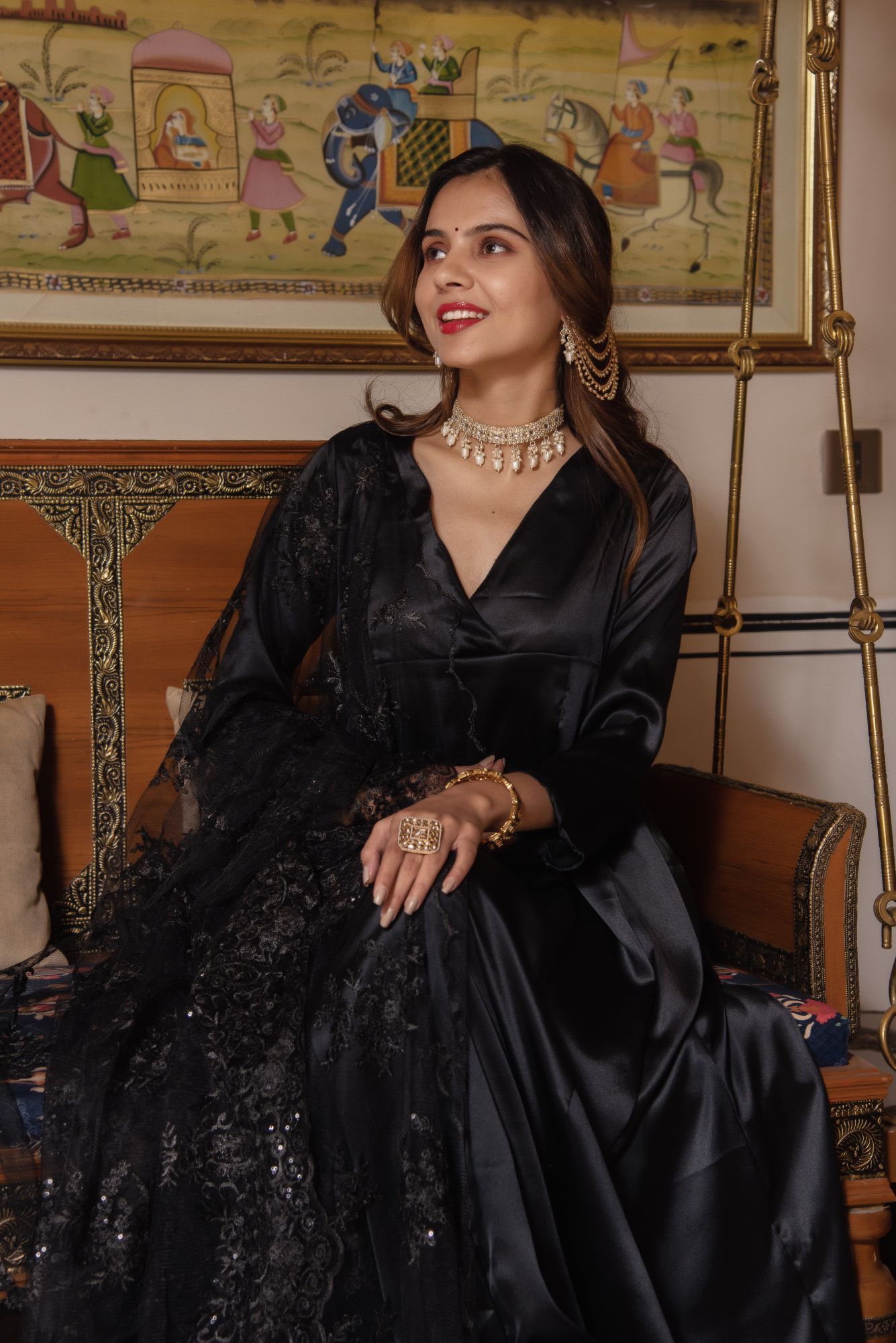 Swan Black Satin Embroided Suit Set