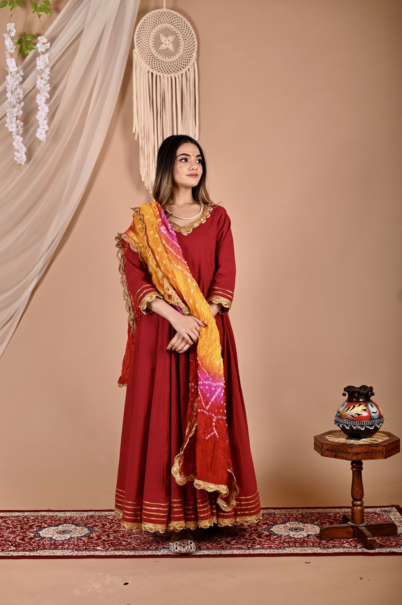 Festive Maroon Bhandhej Anarkali Suit Set