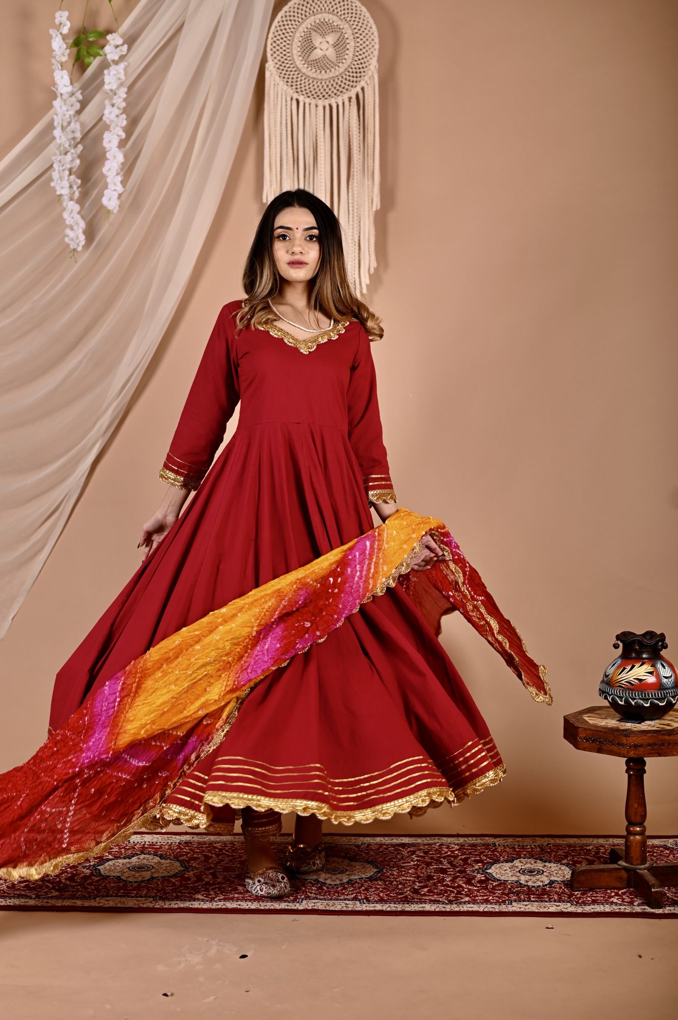 Festive Maroon Bhandhej Anarkali Suit Set