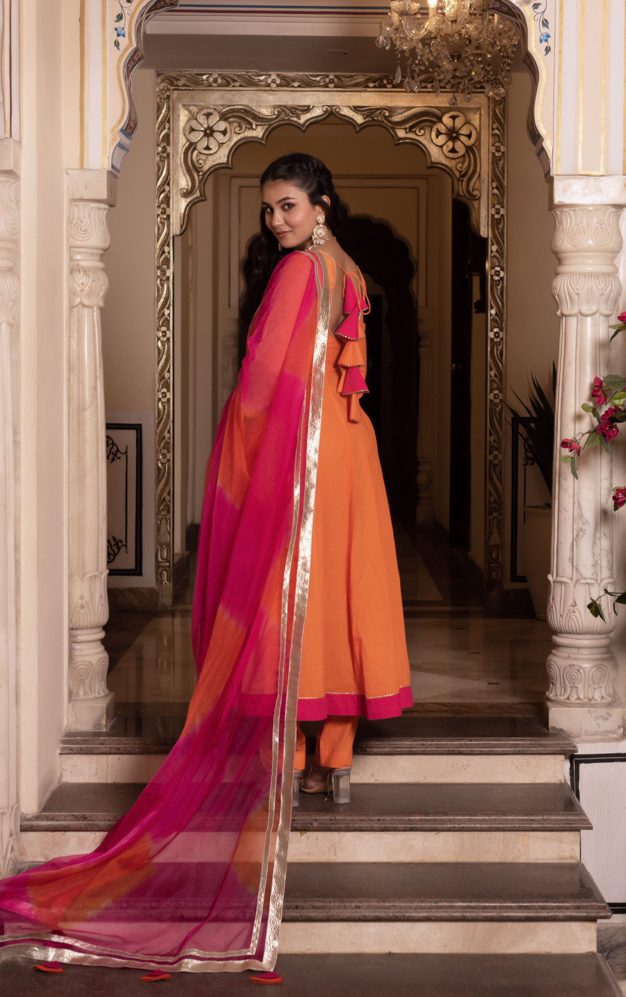 Nur Orange and Rani Anarkali Suit Set