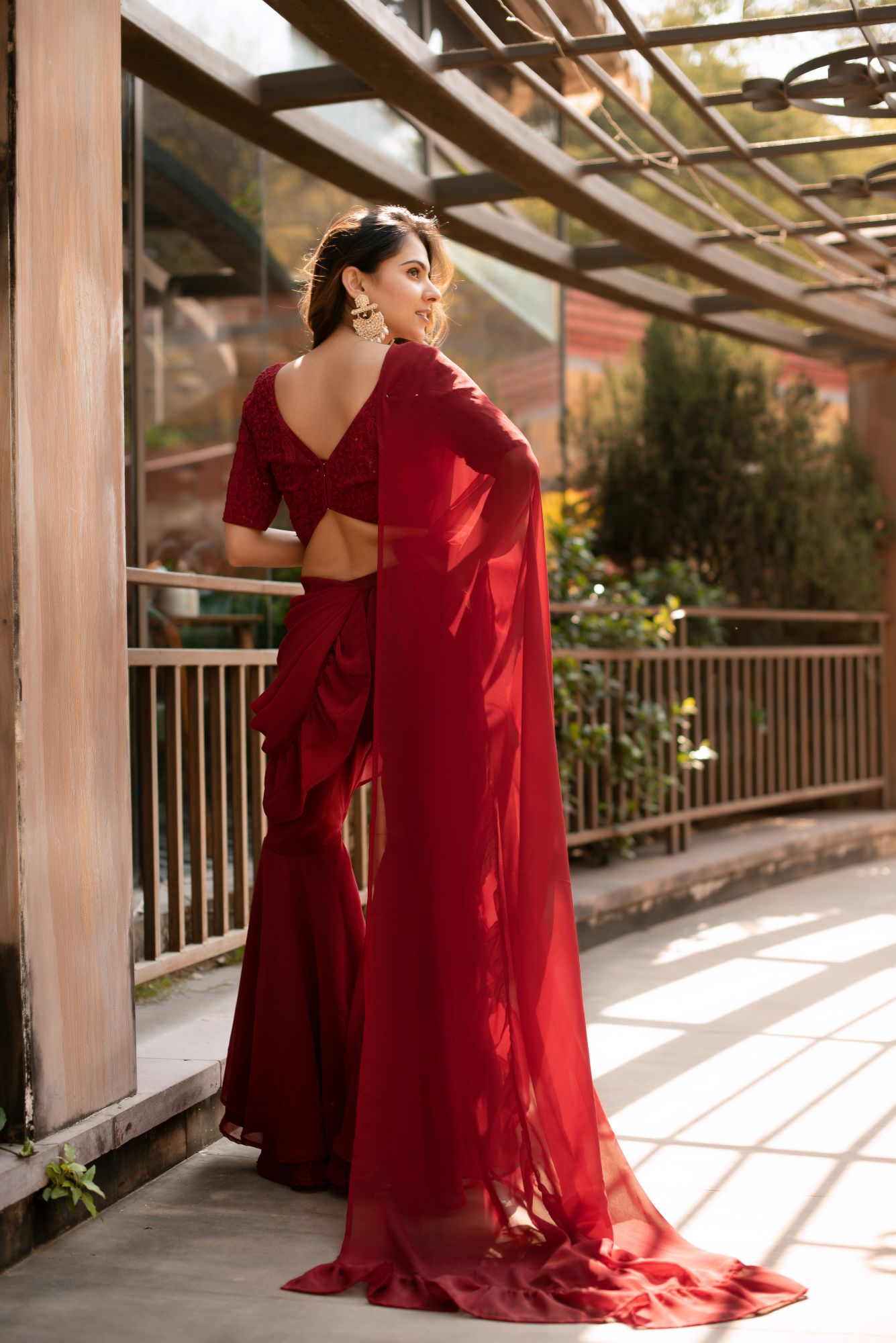 Carmine Maroon Georgette Embroided Prestitch Saree Sharara Set