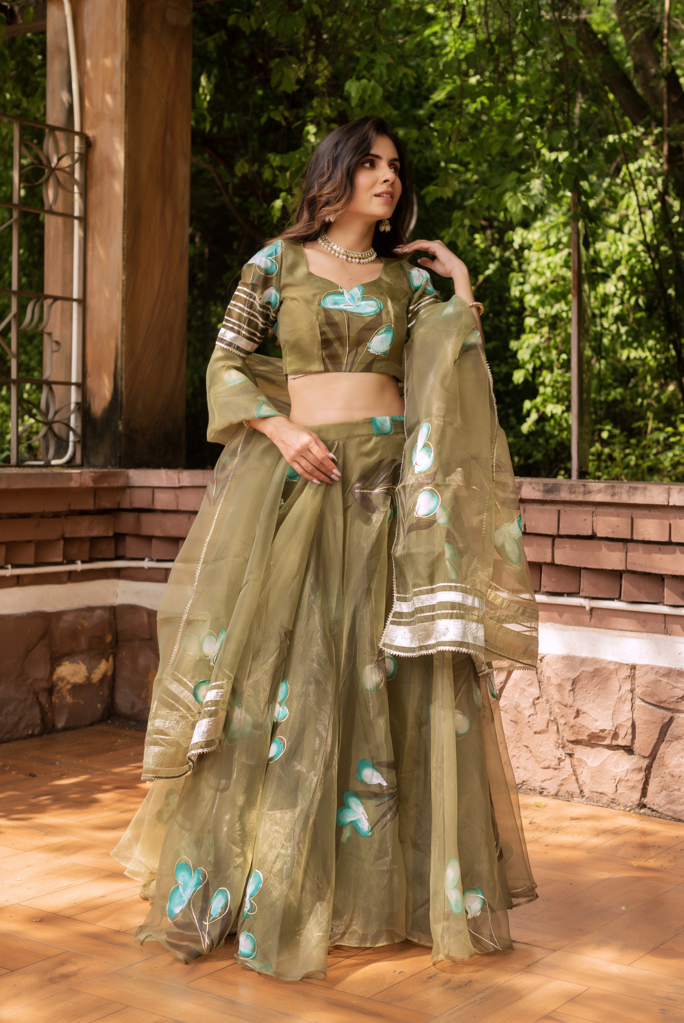 Olive Green Handpainted Organza Lehenga Set