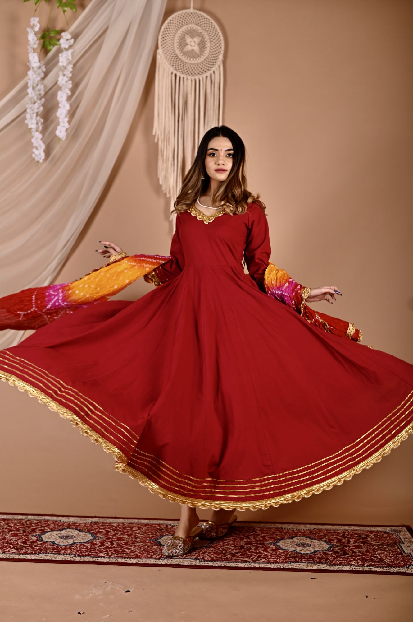 Festive Maroon Bhandhej Anarkali Suit Set