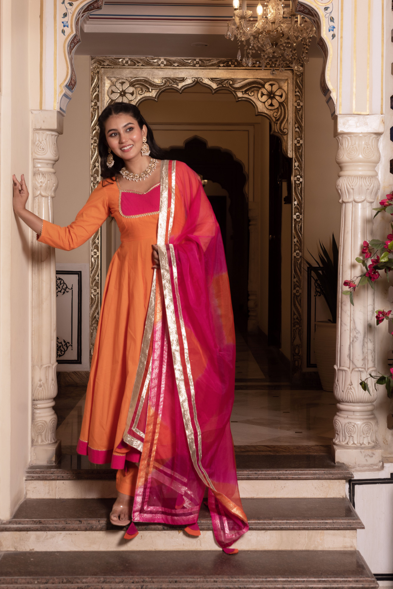Nur Orange and Rani Anarkali Suit Set