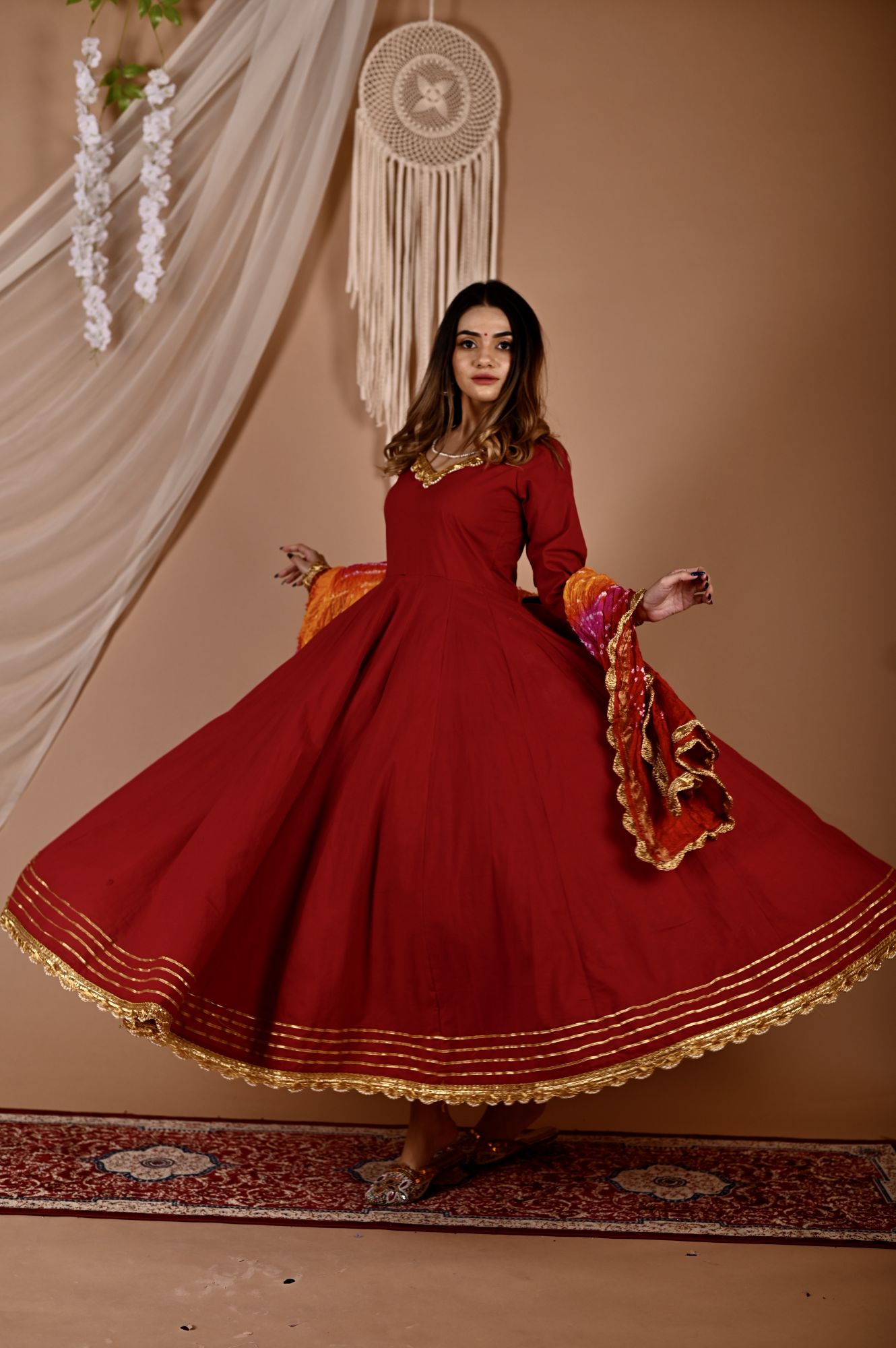 Festive Maroon Bhandhej Anarkali Suit Set