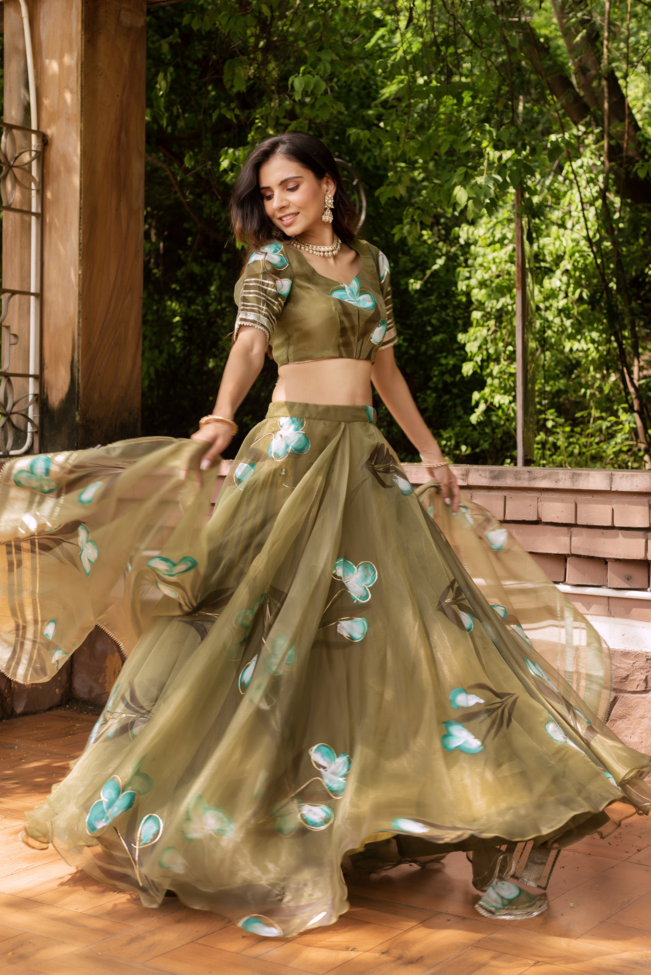 Olive Green Handpainted Organza Lehenga Set