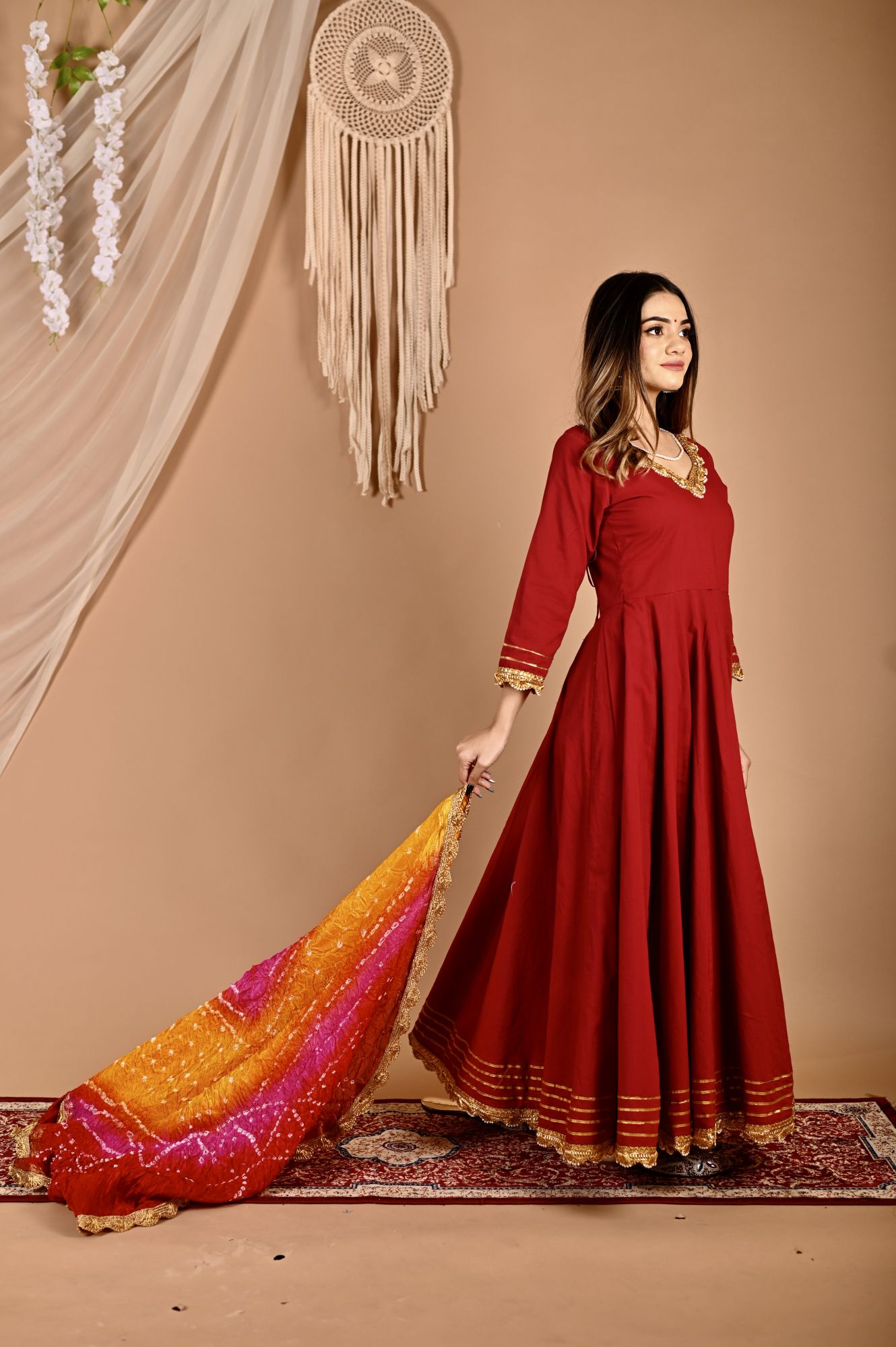 Festive Maroon Bhandhej Anarkali Suit Set