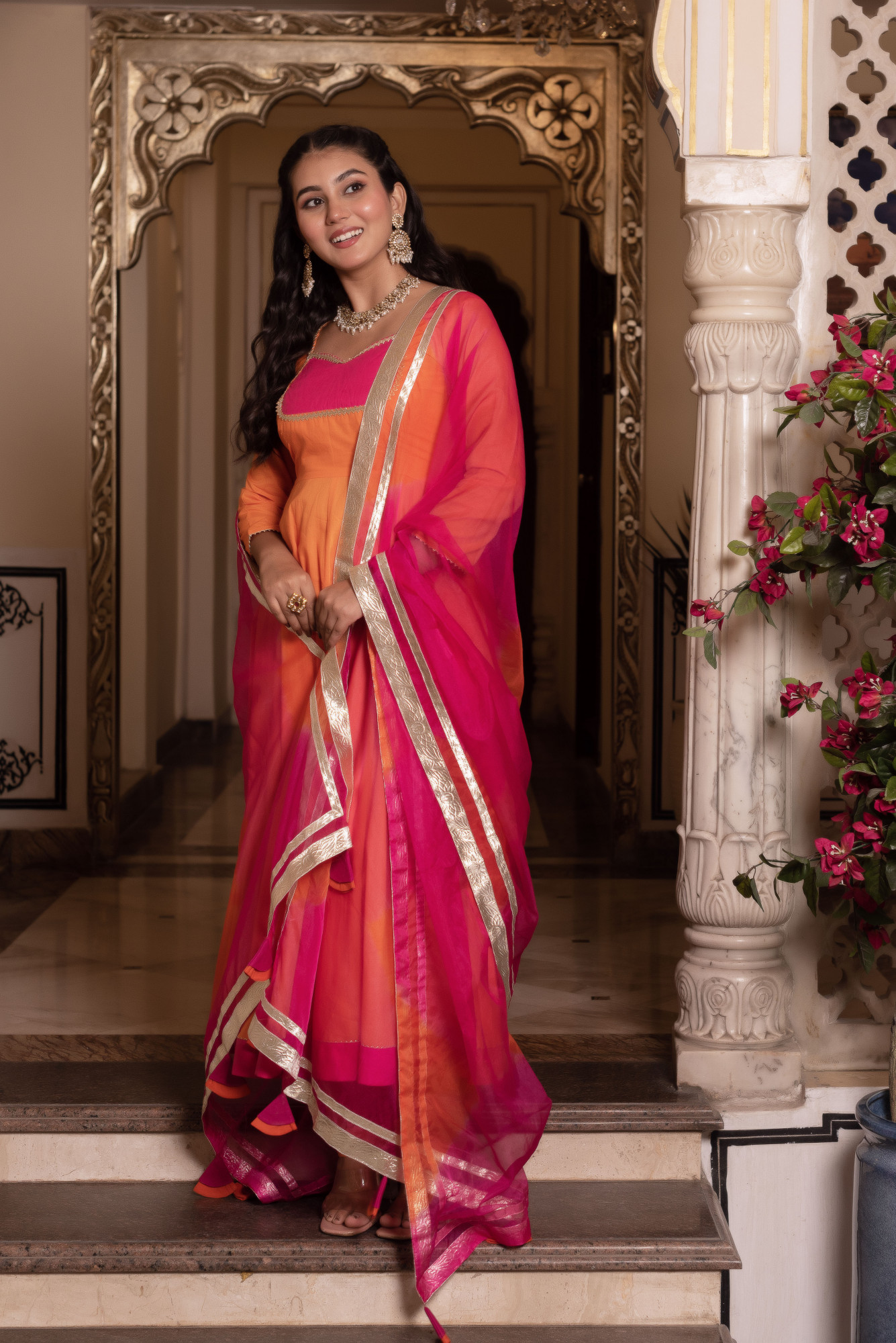 Nur Orange and Rani Anarkali Suit Set