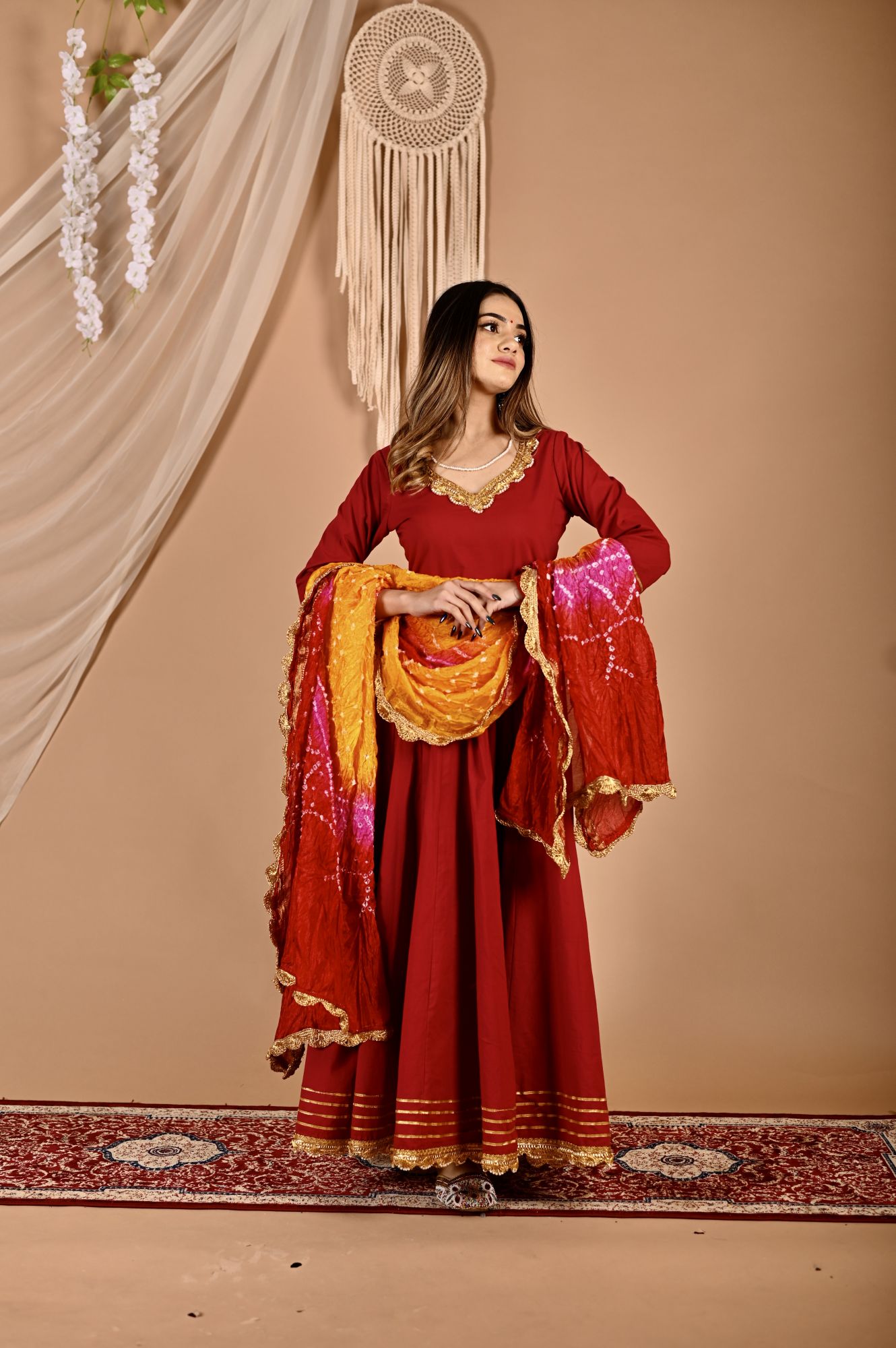 Festive Maroon Bhandhej Anarkali Suit Set