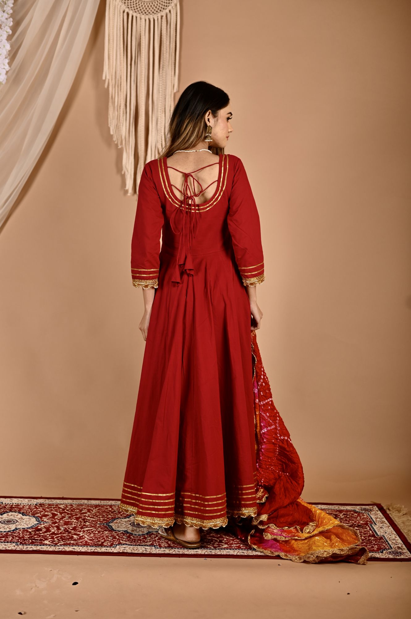 Festive Maroon Bhandhej Anarkali Suit Set