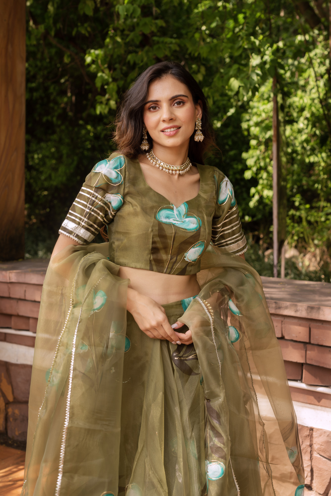 Olive Green Handpainted Organza Lehenga Set