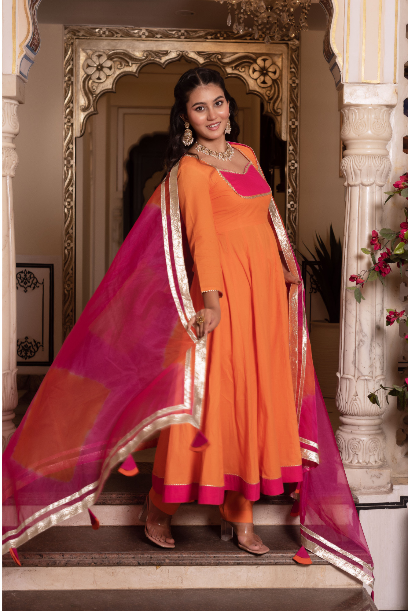 Nur Orange and Rani Anarkali Suit Set