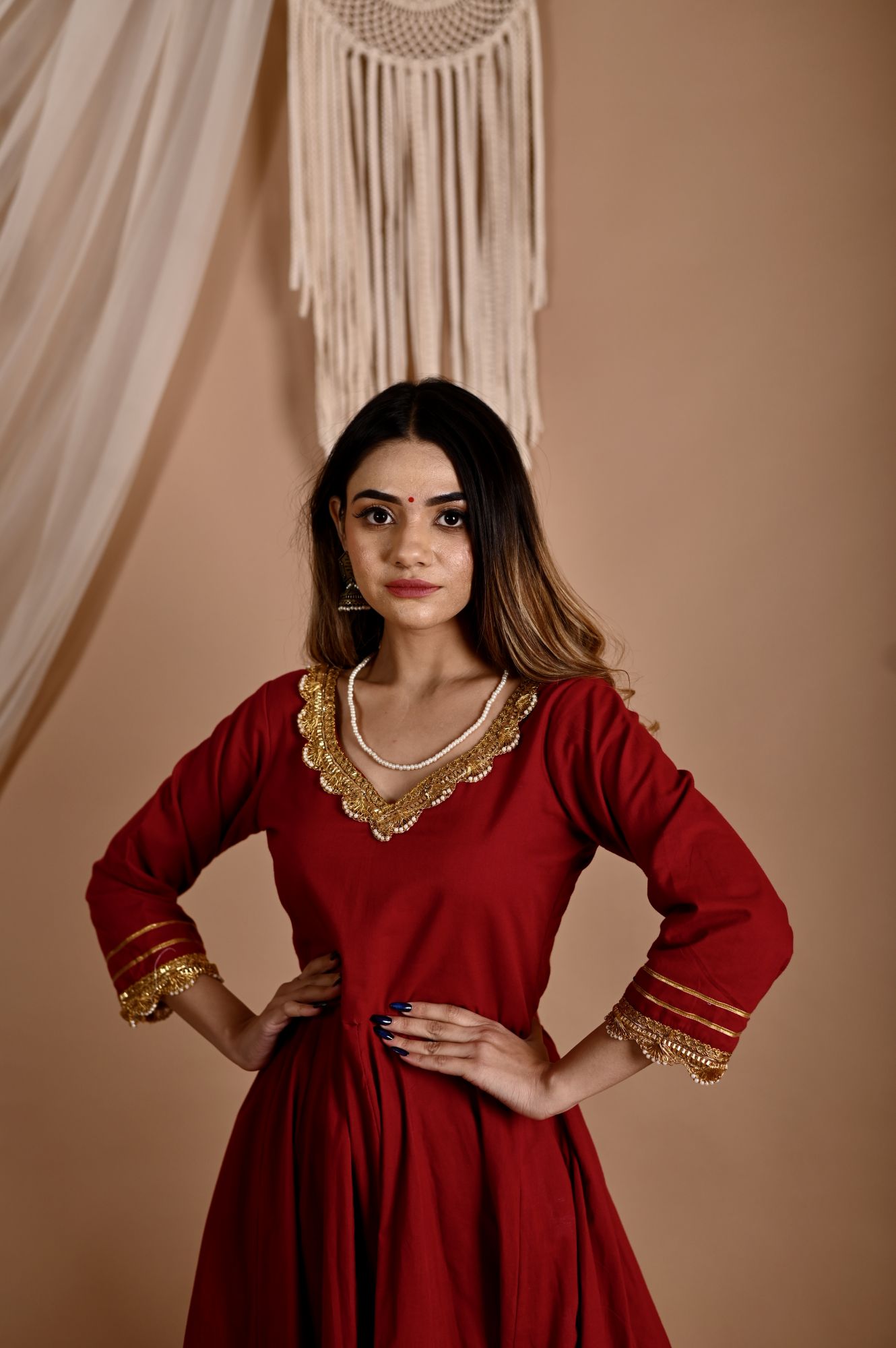 Festive Maroon Bhandhej Anarkali Suit Set