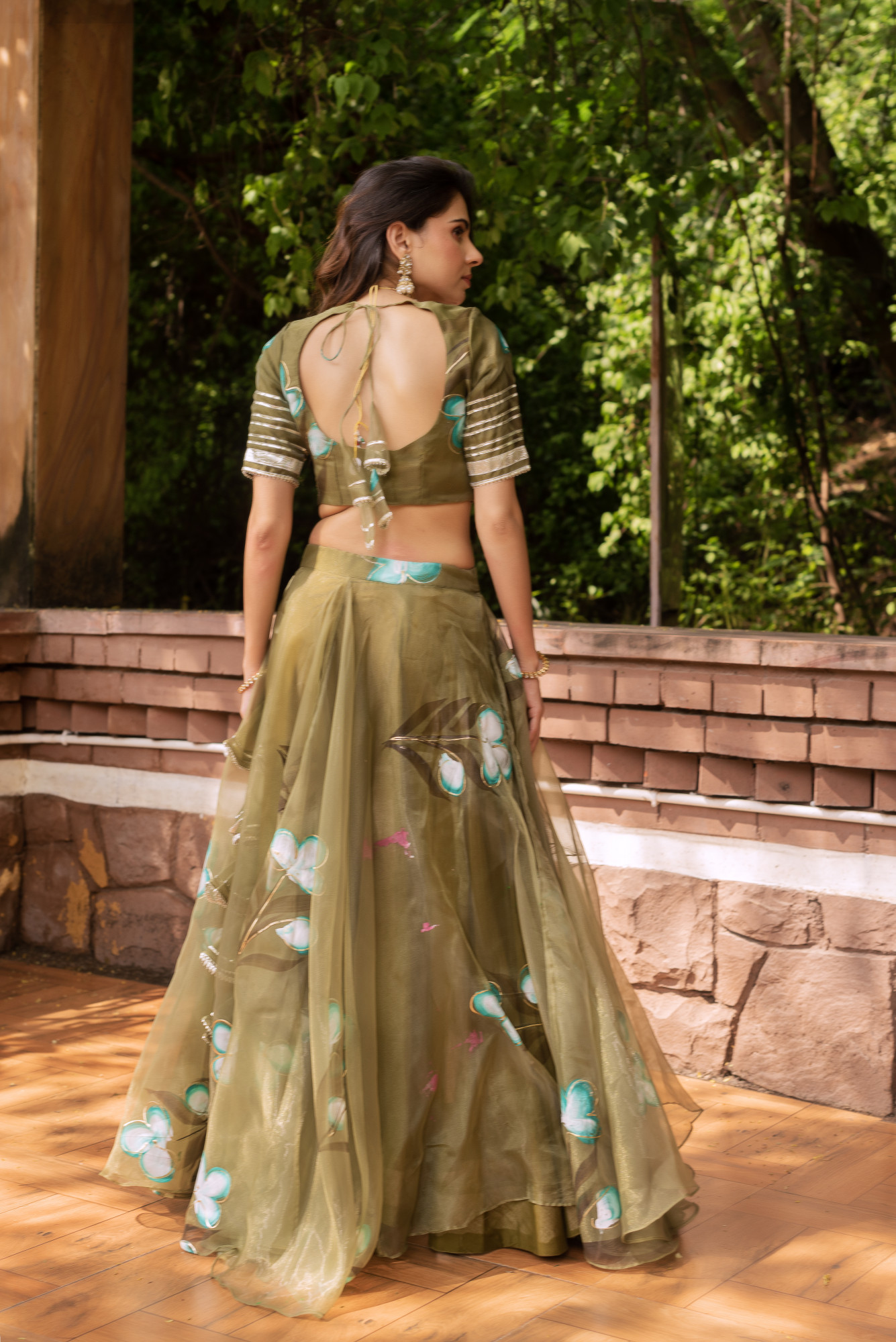 Olive Green Handpainted Organza Lehenga Set