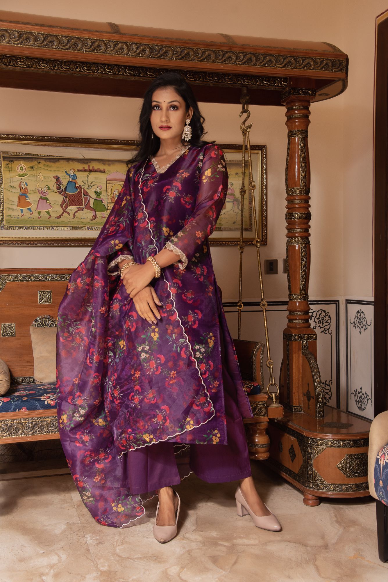 Purple Sequined Organza Straight Suit Set