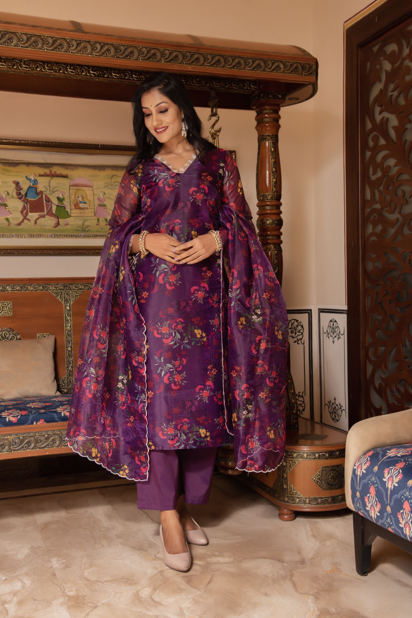 Purple Sequined Organza Straight Suit Set