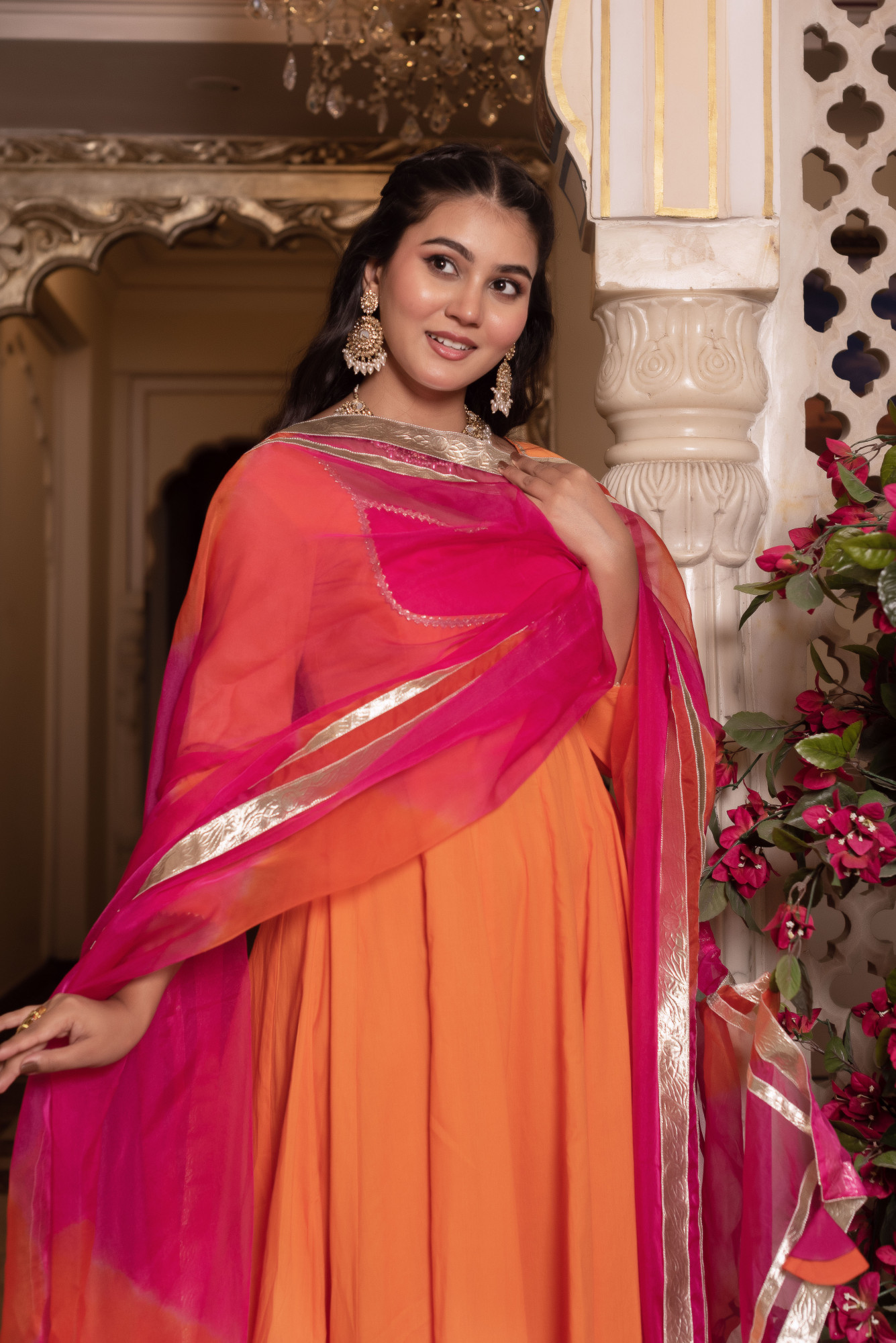 Nur Orange and Rani Anarkali Suit Set