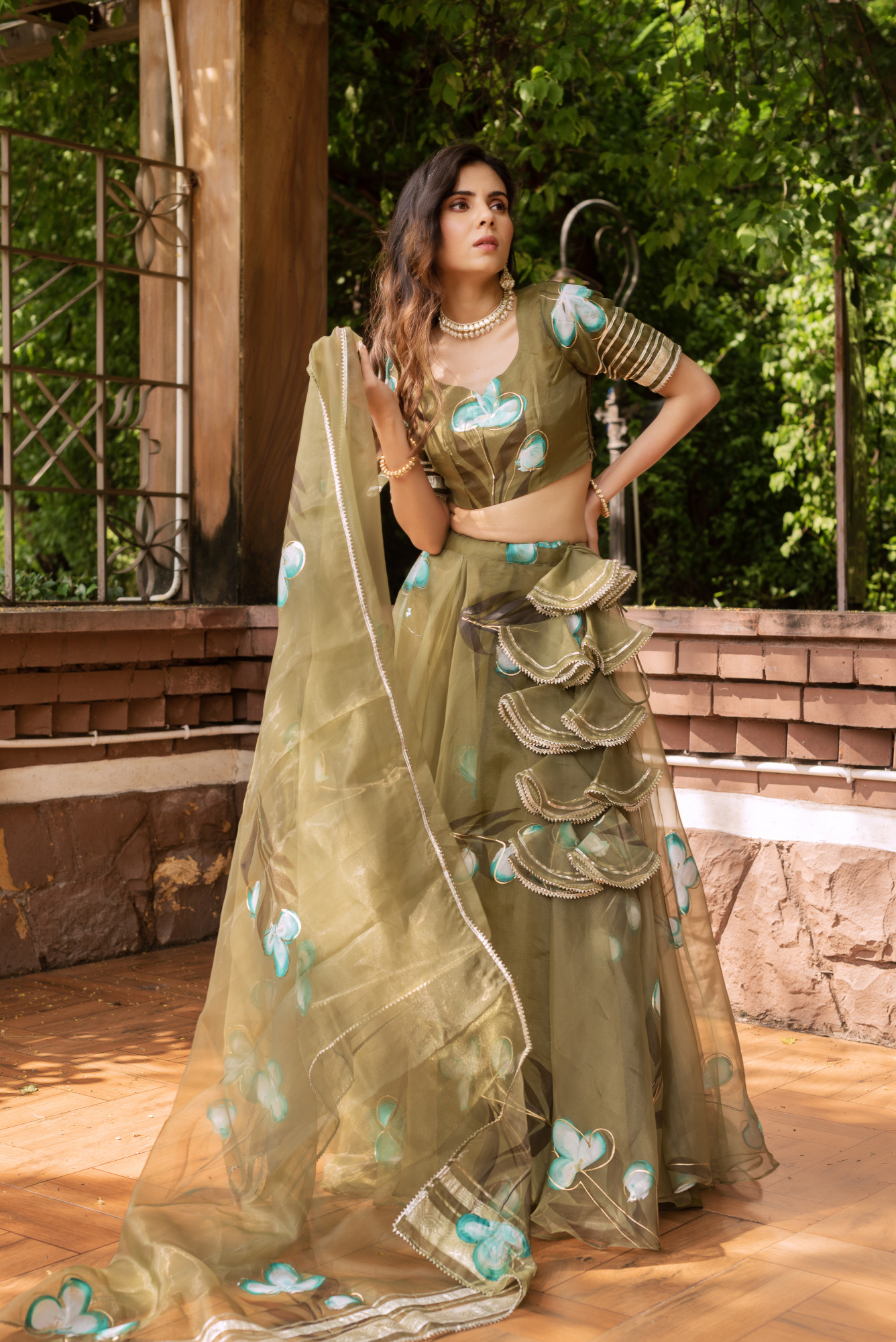 Olive Green Handpainted Organza Lehenga Set