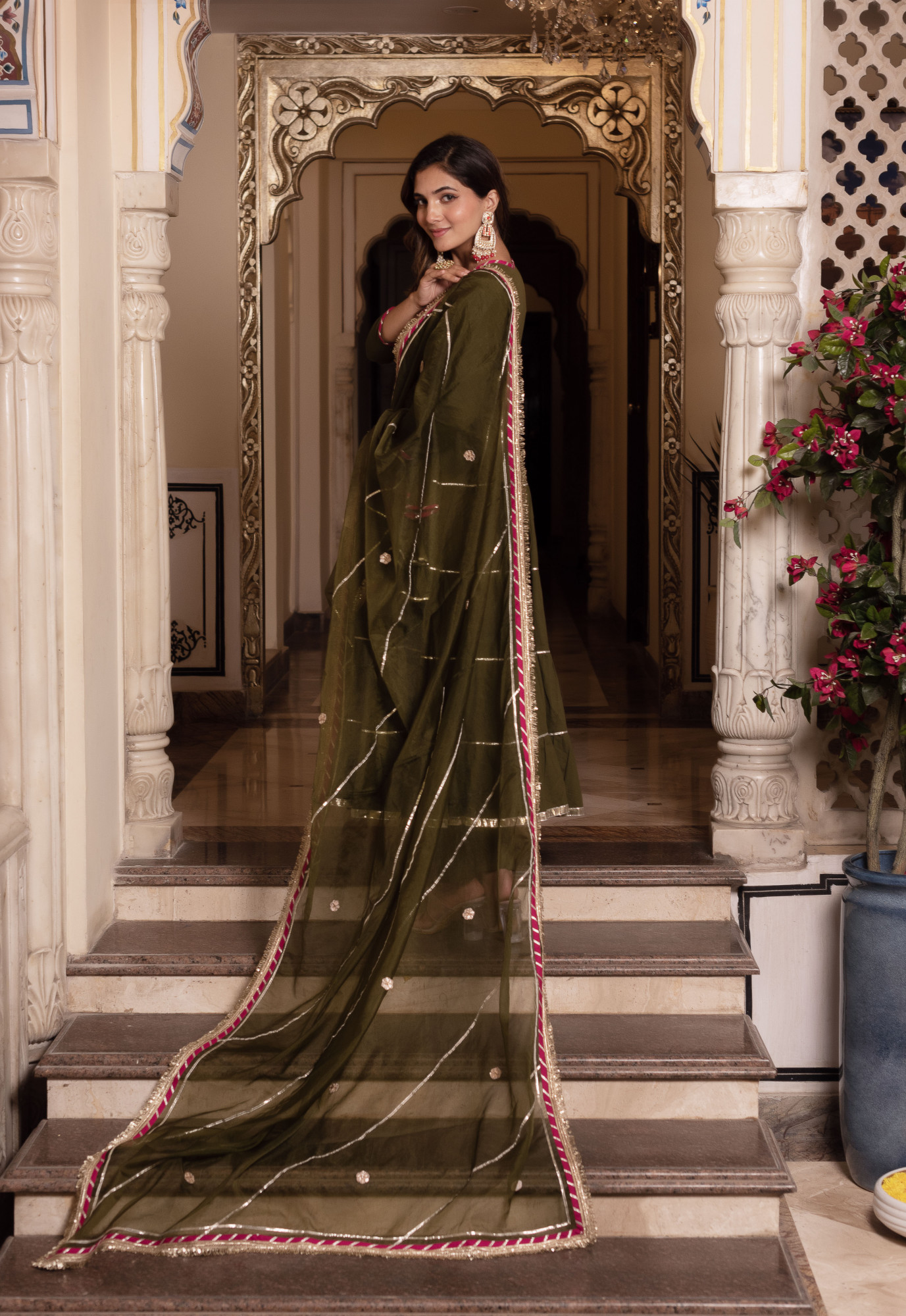 Dark Olive Gottapatti Angrakha Suit Set