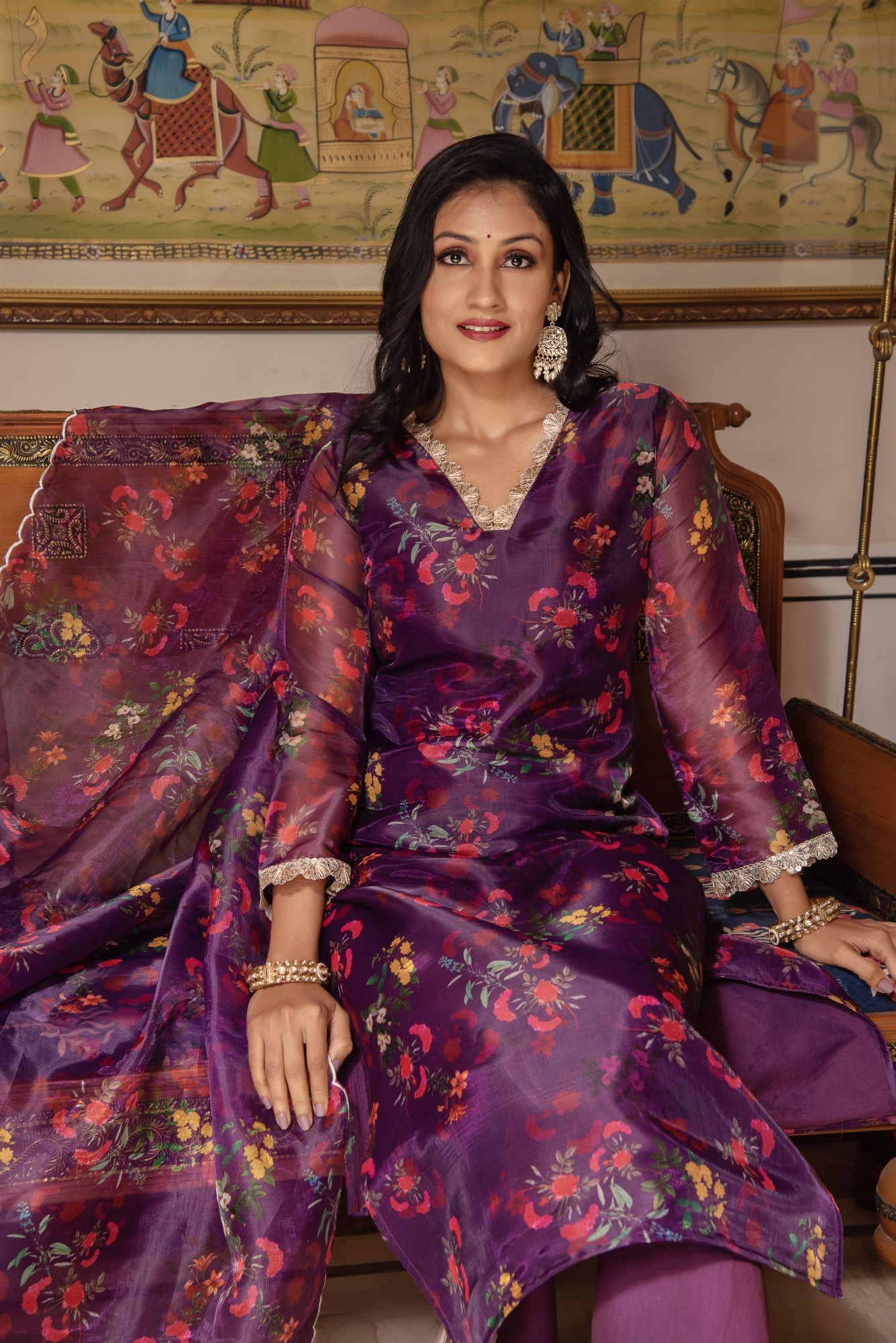 Purple Sequined Organza Straight Suit Set