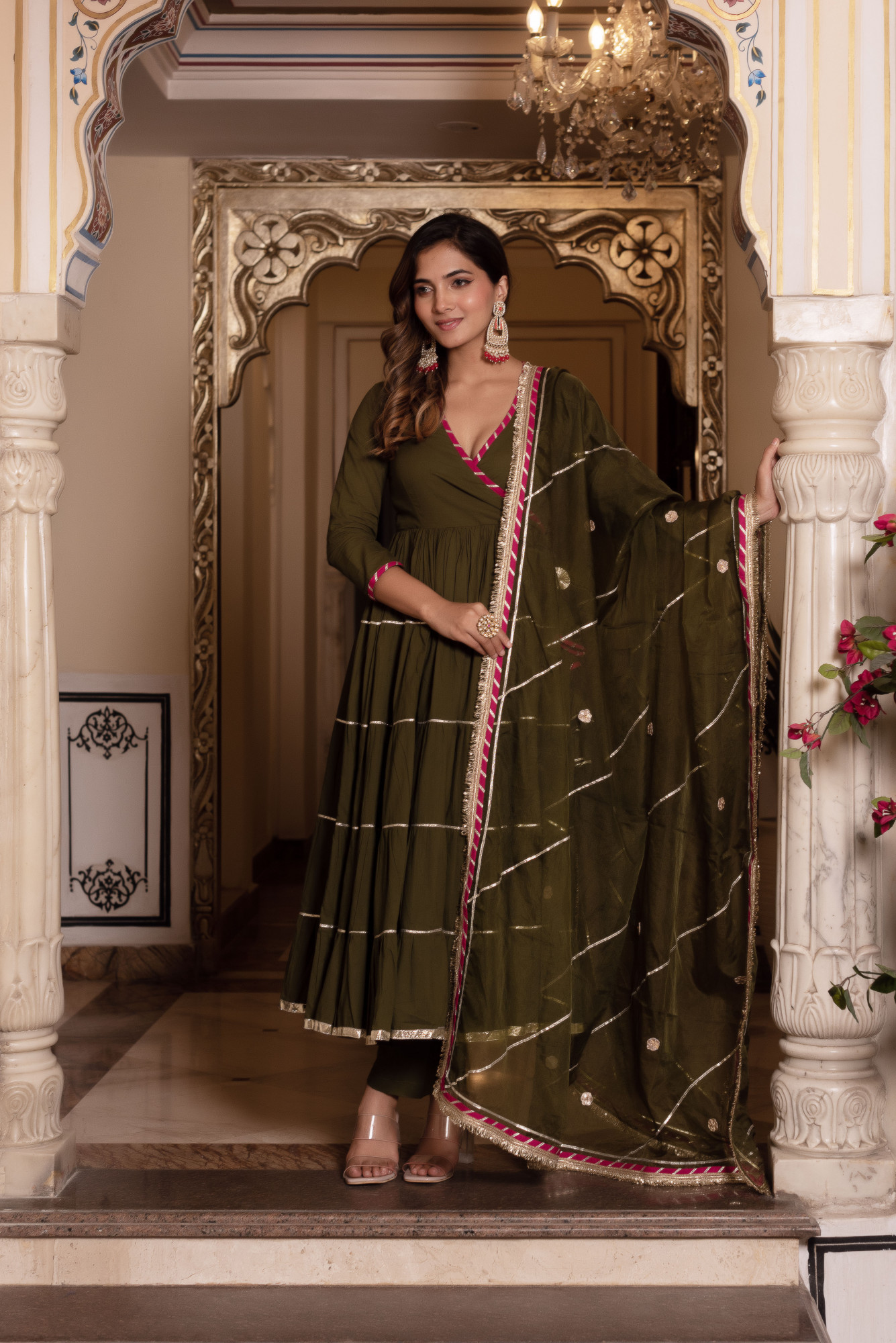 Dark Olive Gottapatti Angrakha Suit Set