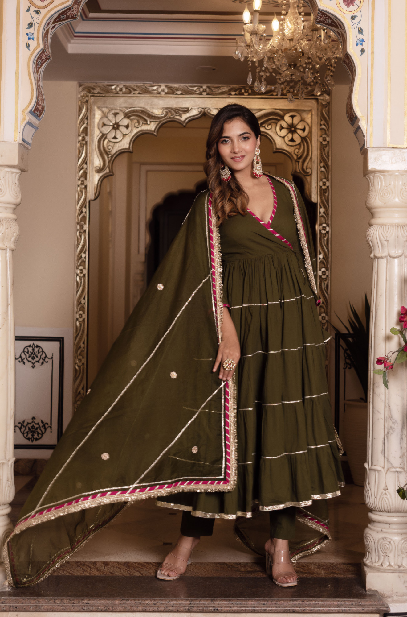 Dark Olive Gottapatti Angrakha Suit Set