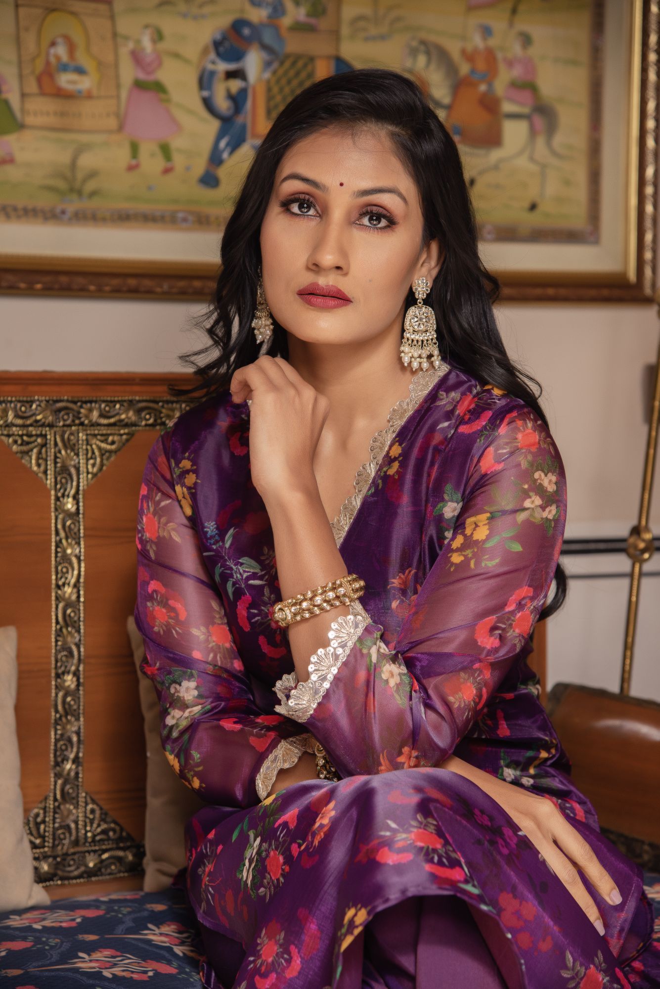 Purple Sequined Organza Straight Suit Set