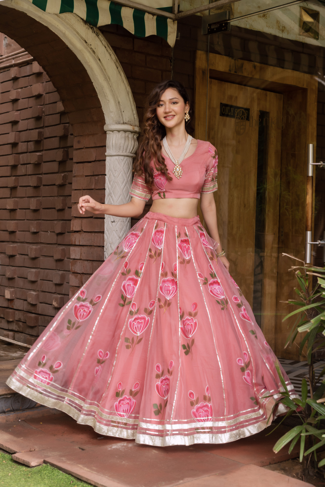 Rosgold Handpainted Organza Gotapatti Lehenga Set