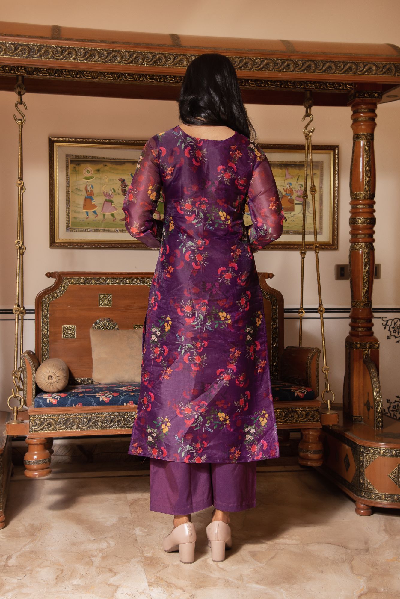 Purple Sequined Organza Straight Suit Set