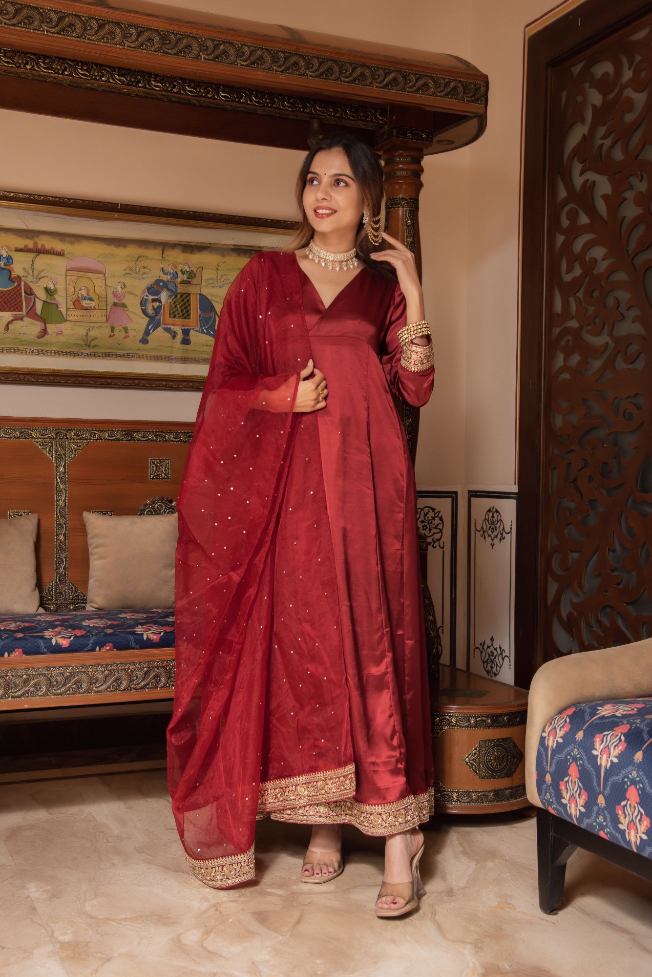 Maroon Seroi Satin Suit Set