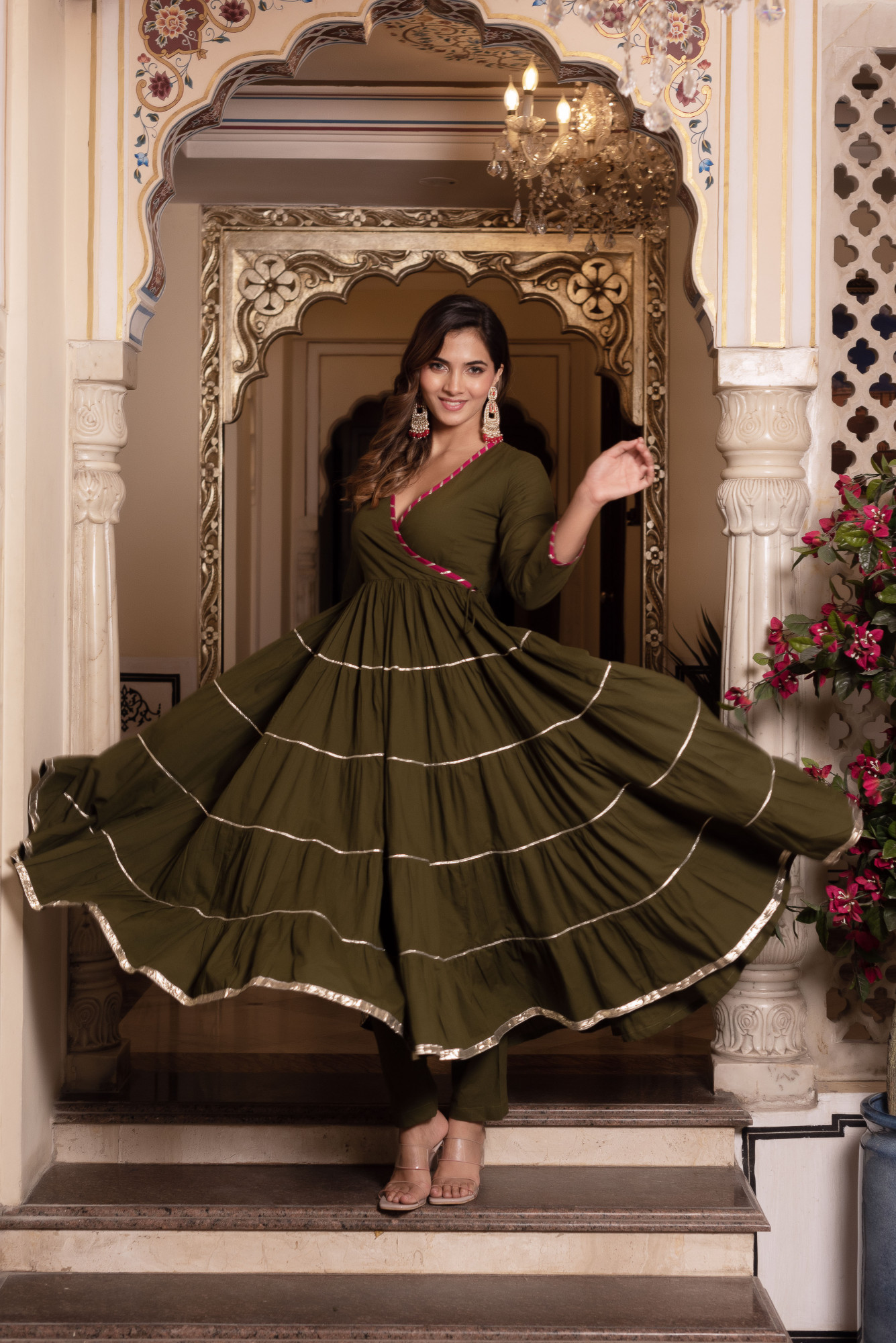 Dark Olive Gottapatti Angrakha Suit Set