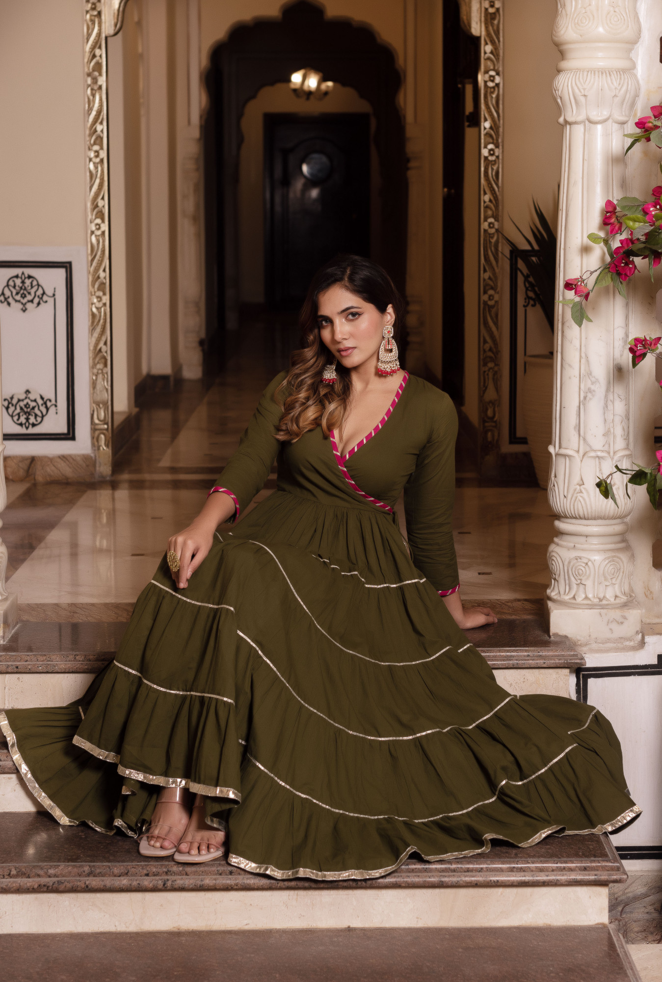 Dark Olive Gottapatti Angrakha Suit Set
