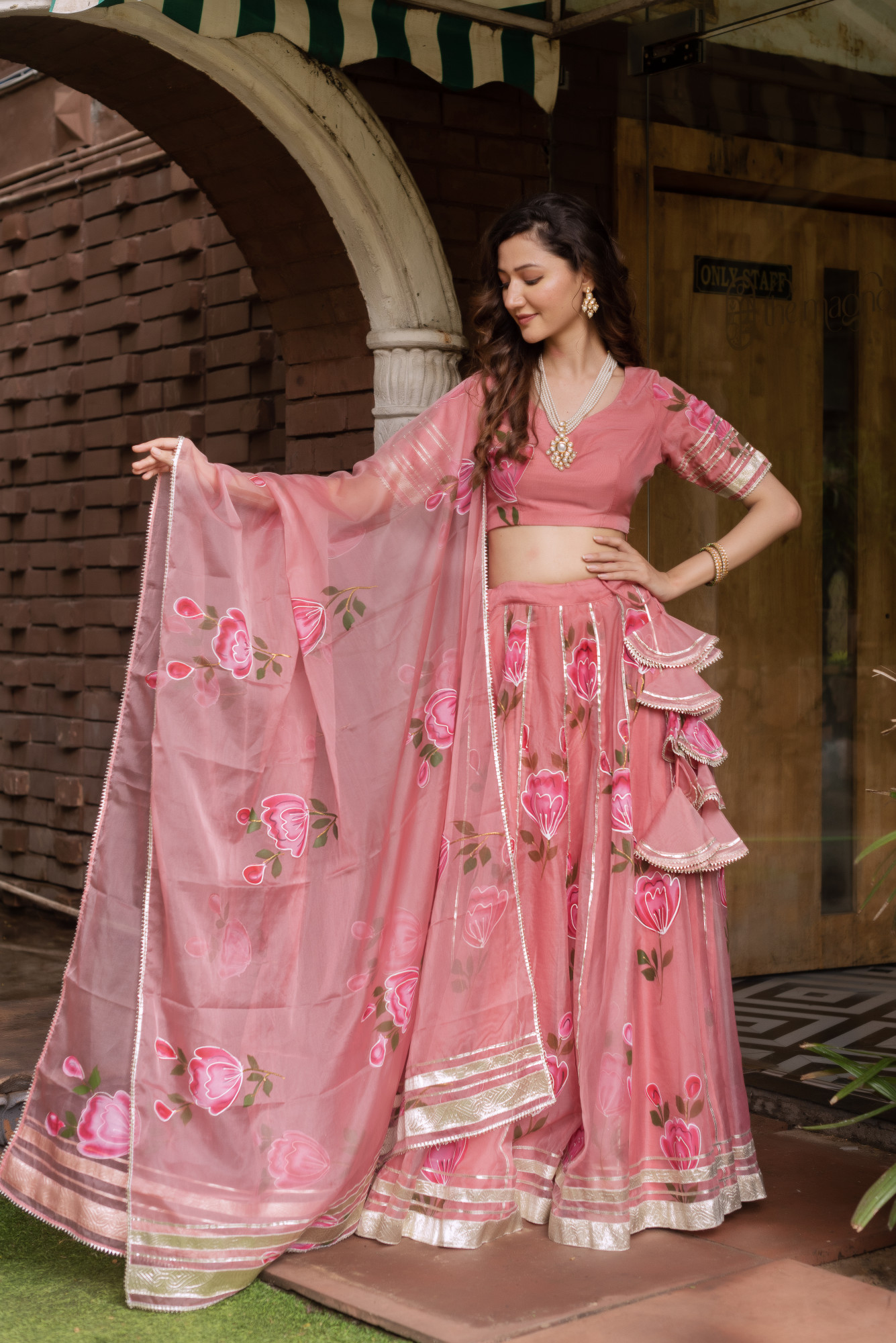 Rosgold Handpainted Organza Gotapatti Lehenga Set
