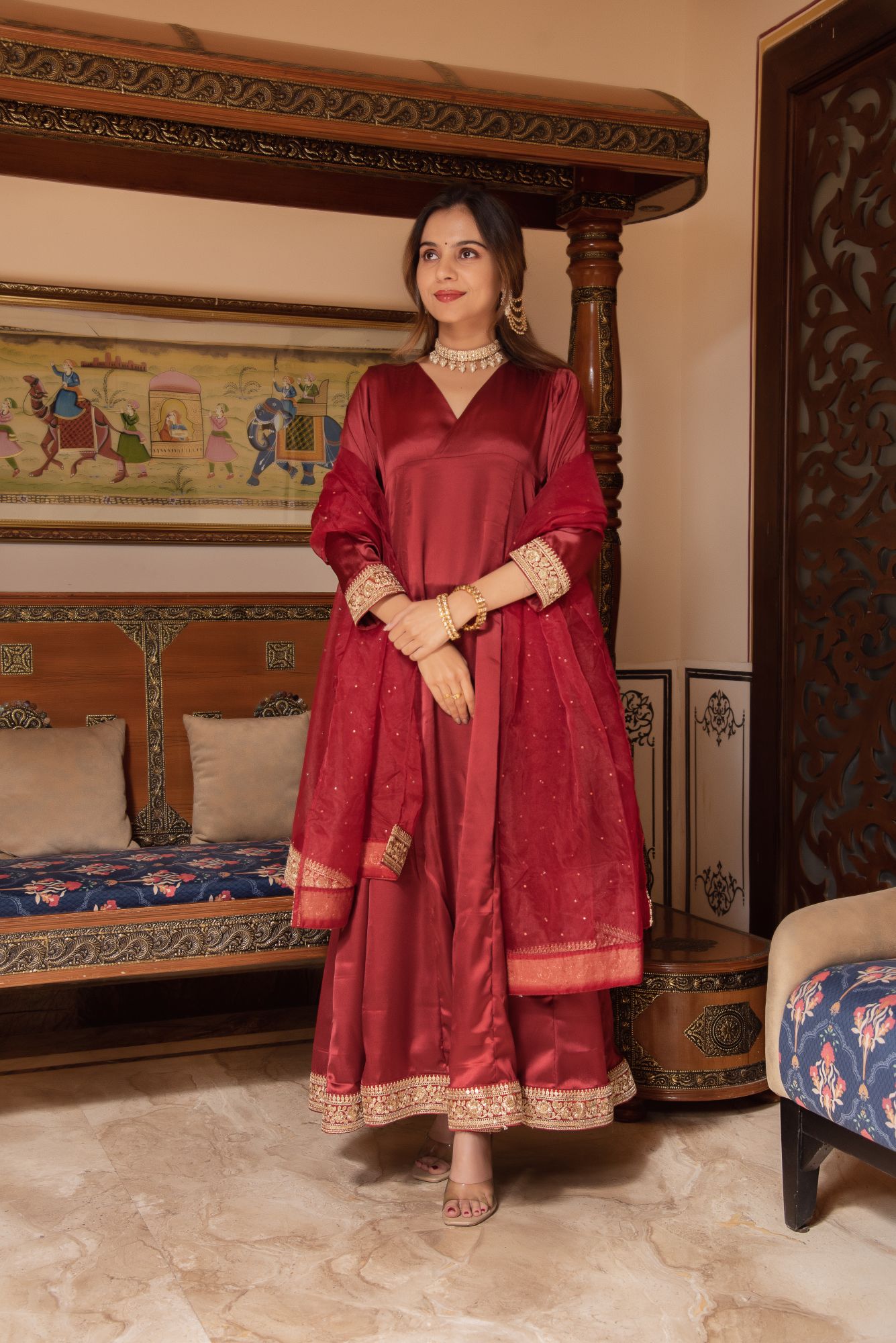 Maroon Seroi Satin Suit Set