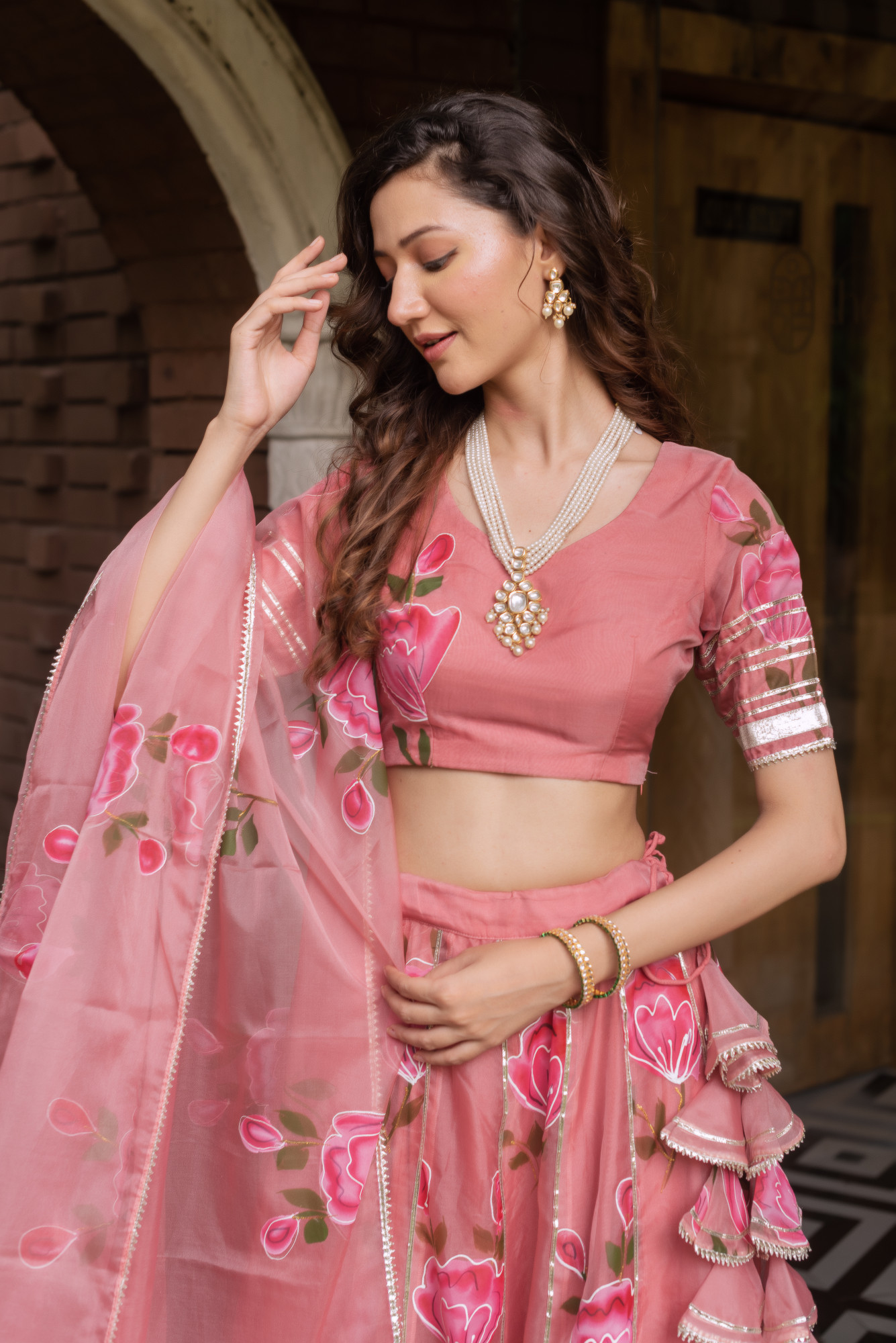 Rosgold Handpainted Organza Gotapatti Lehenga Set