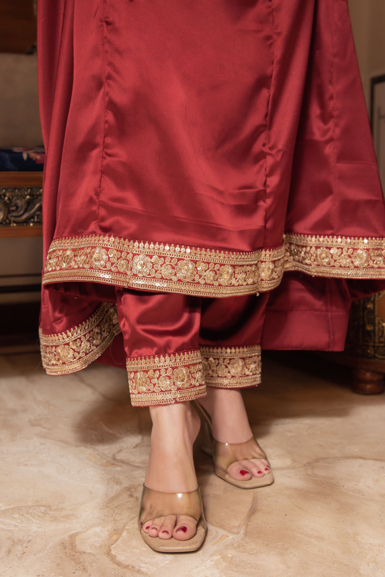 Maroon Seroi Satin Suit Set