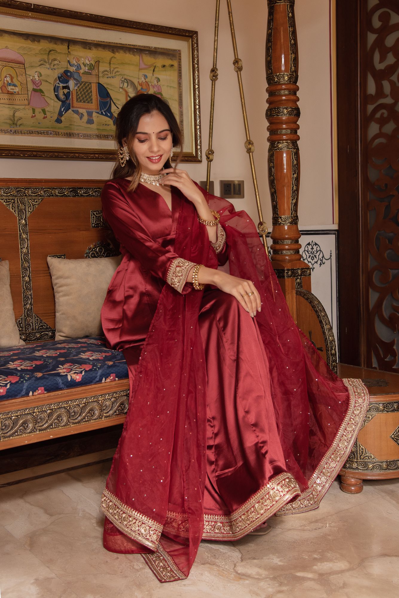 Maroon Seroi Satin Suit Set
