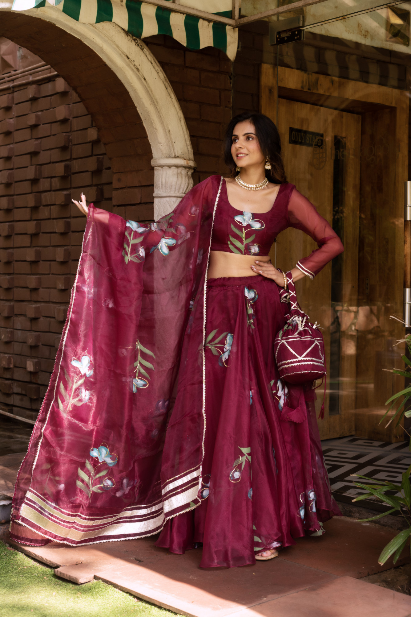Wine Handpainted Organza Lehenga Set