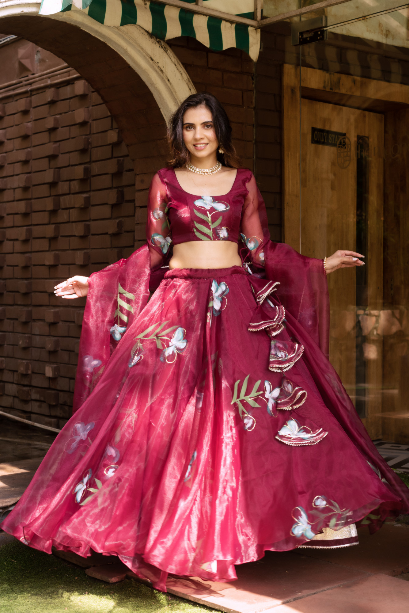 Wine Handpainted Organza Lehenga Set
