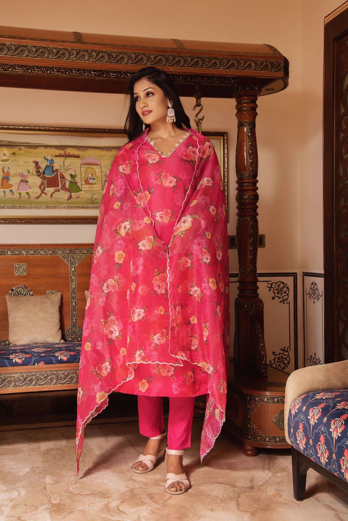 Pink Sequined Organza Straight Suit Set